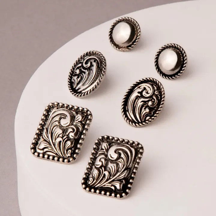 3-Pack Western Floral Scrolled Assorted Earrings