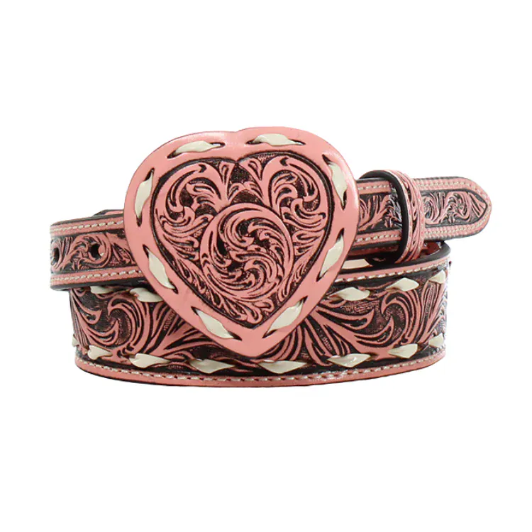 Angel Ranch Pink Buck Lace Stitching Heart Buckle Belt