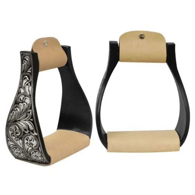 Black Aluminum Floral Engraved Stirrups