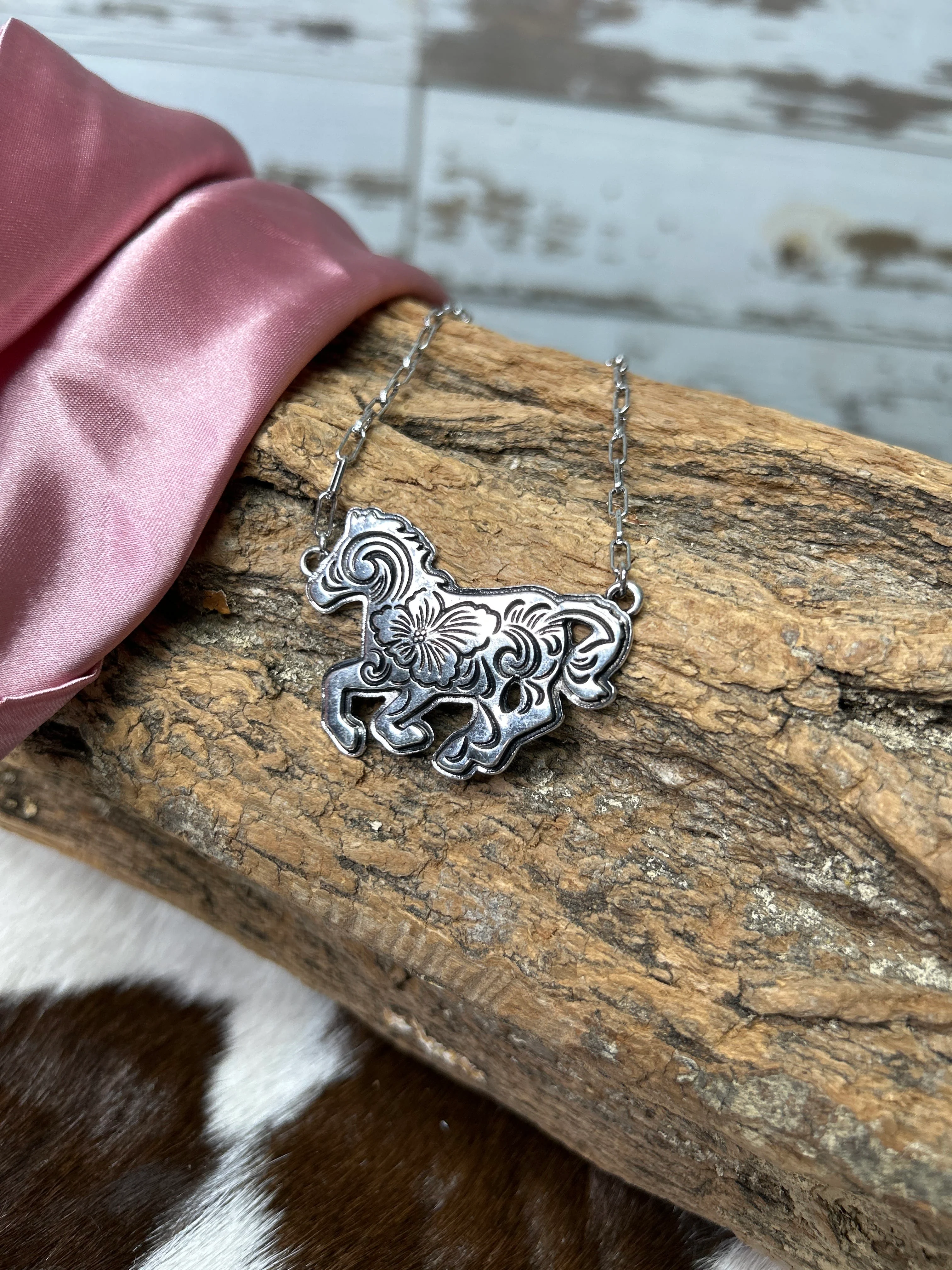 Floral Galloping Filigree Horse Pendant Necklace