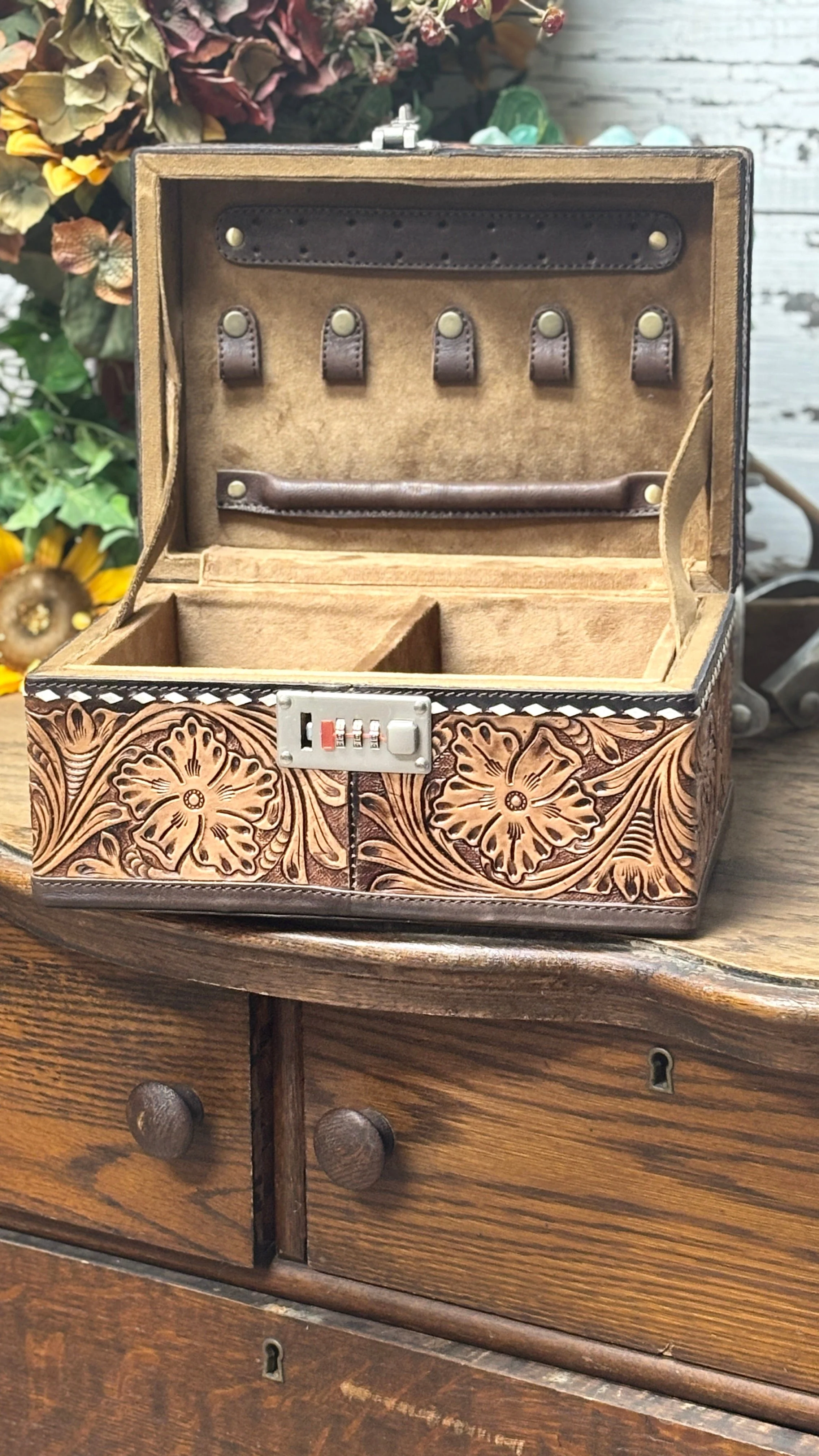 Floral Tooled Leather Jewelry Box Safe - Image 2