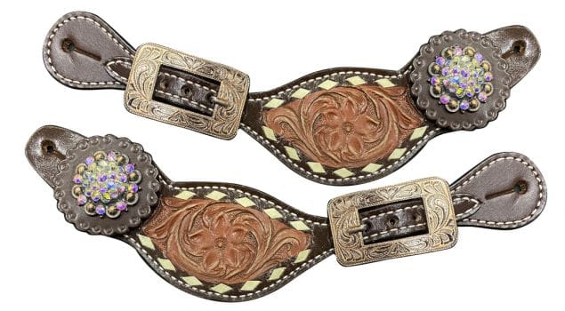 Floral Tooled Spur Straps W/Rawhide Accent