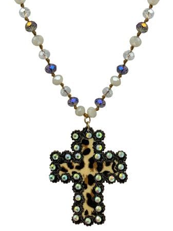 Iridescent Beaded Necklace W/Cheetah Cross