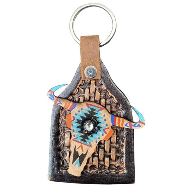 Leather Key Chain ~ Aztec Cow Skull