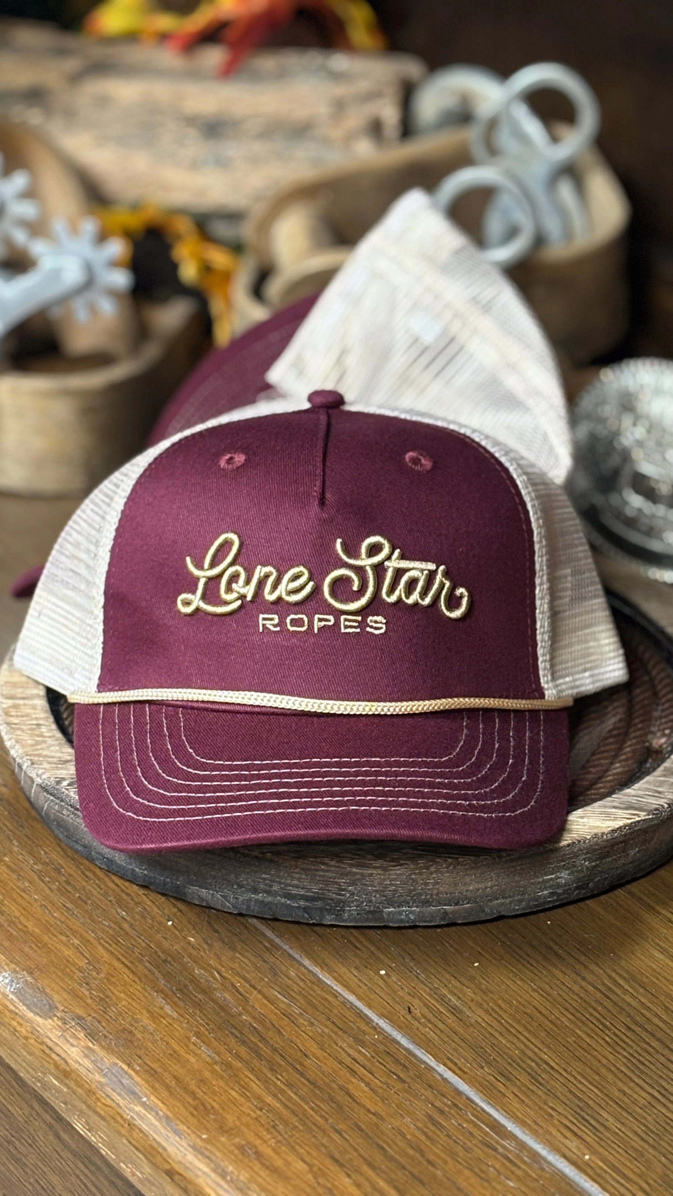 Lone Star Ropes Script Trucker Cap ~ Maroon/Tan