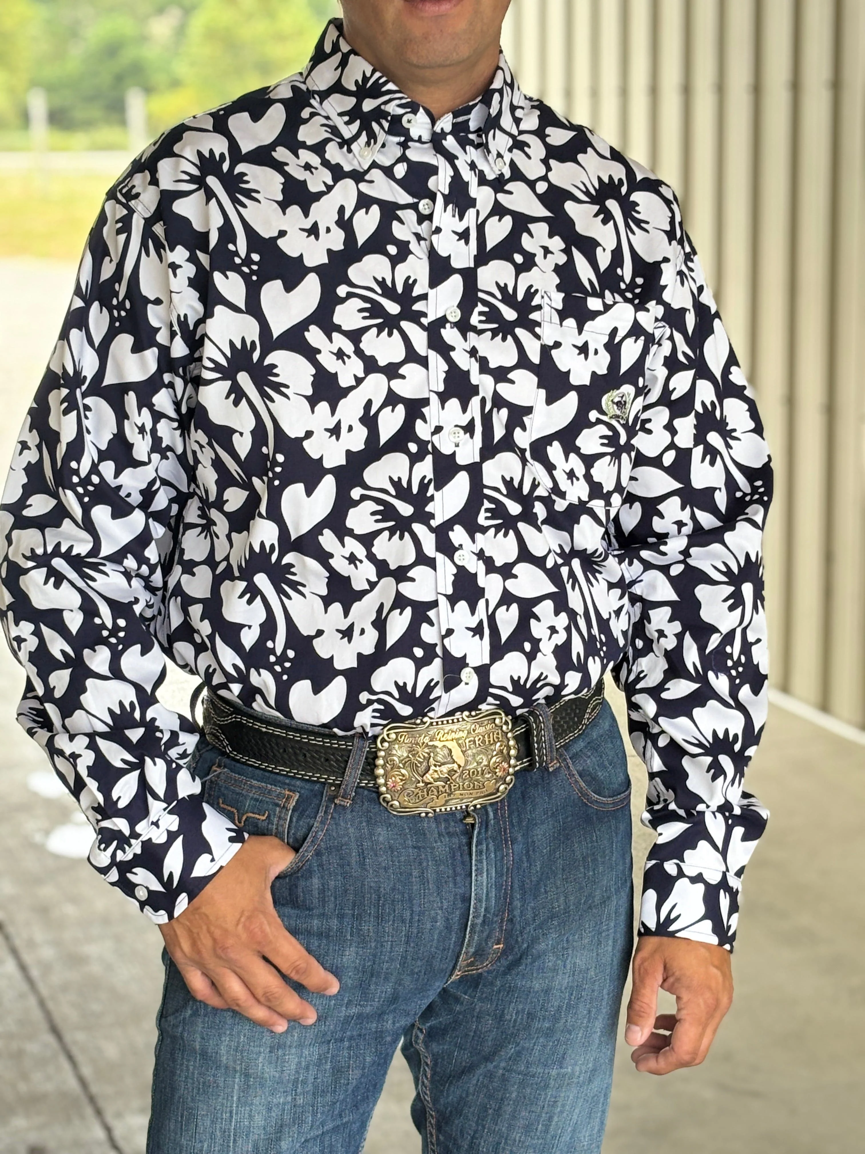 Men's Hibiscus Print Button-Down Western Shirt - Navy