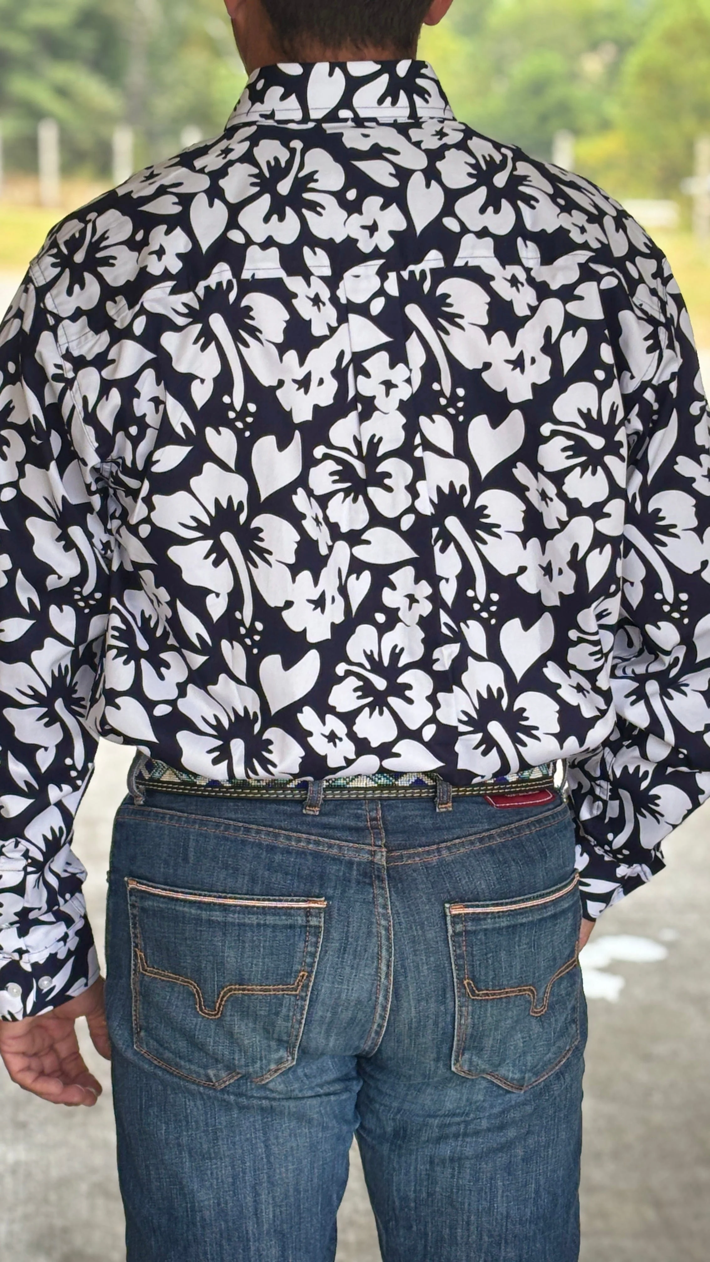 Men's Hibiscus Print Button-Down Western Shirt - Navy - Image 2