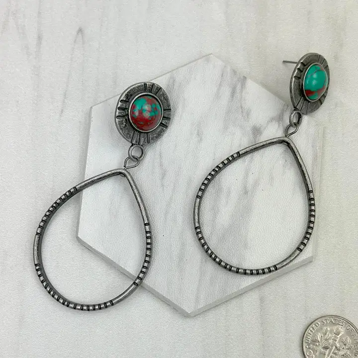 Metal Circle with Green Turquoise Stone Earrings