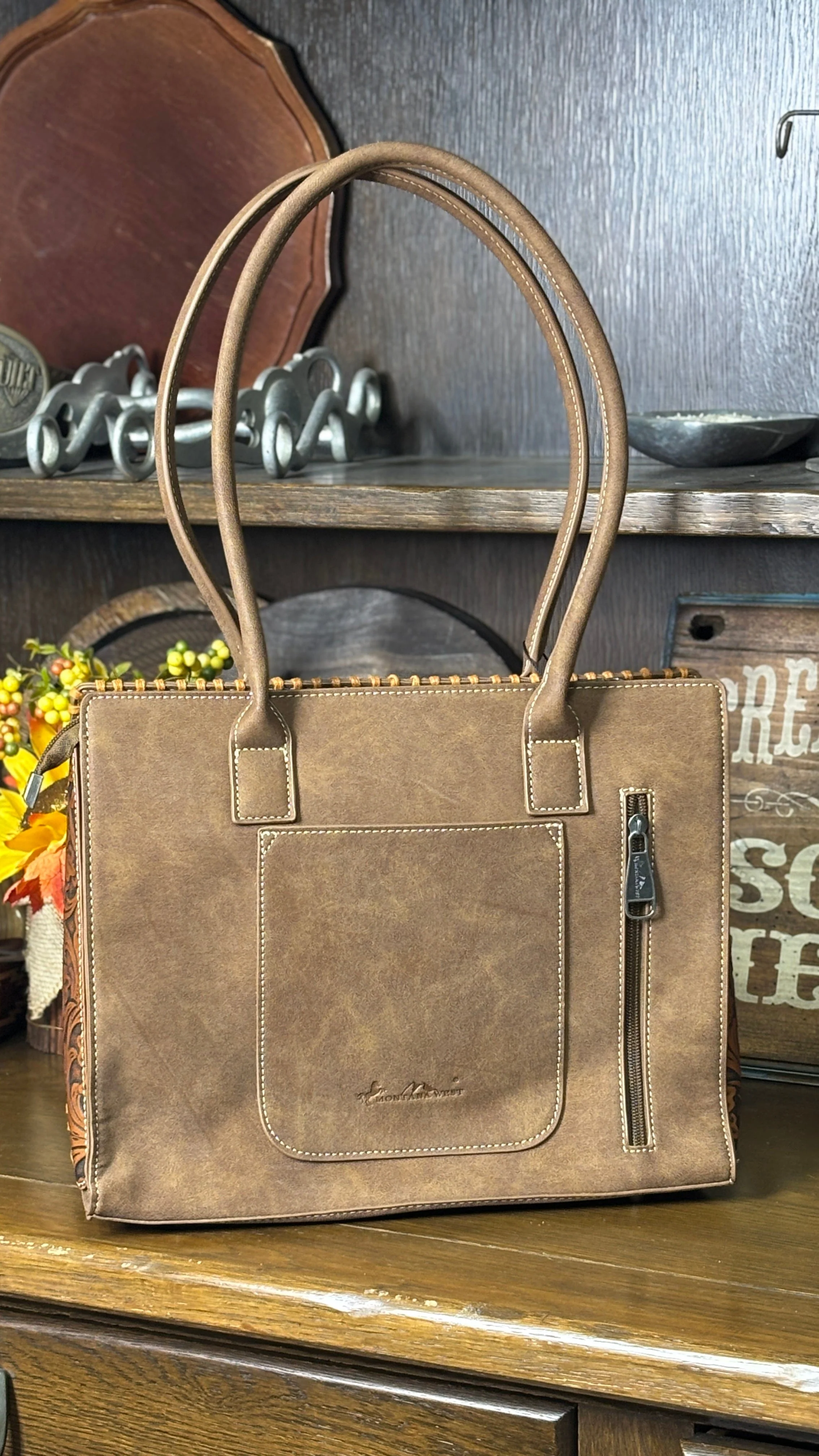 MW Tooled Concealed Carry Tote ~ Brown - Image 3
