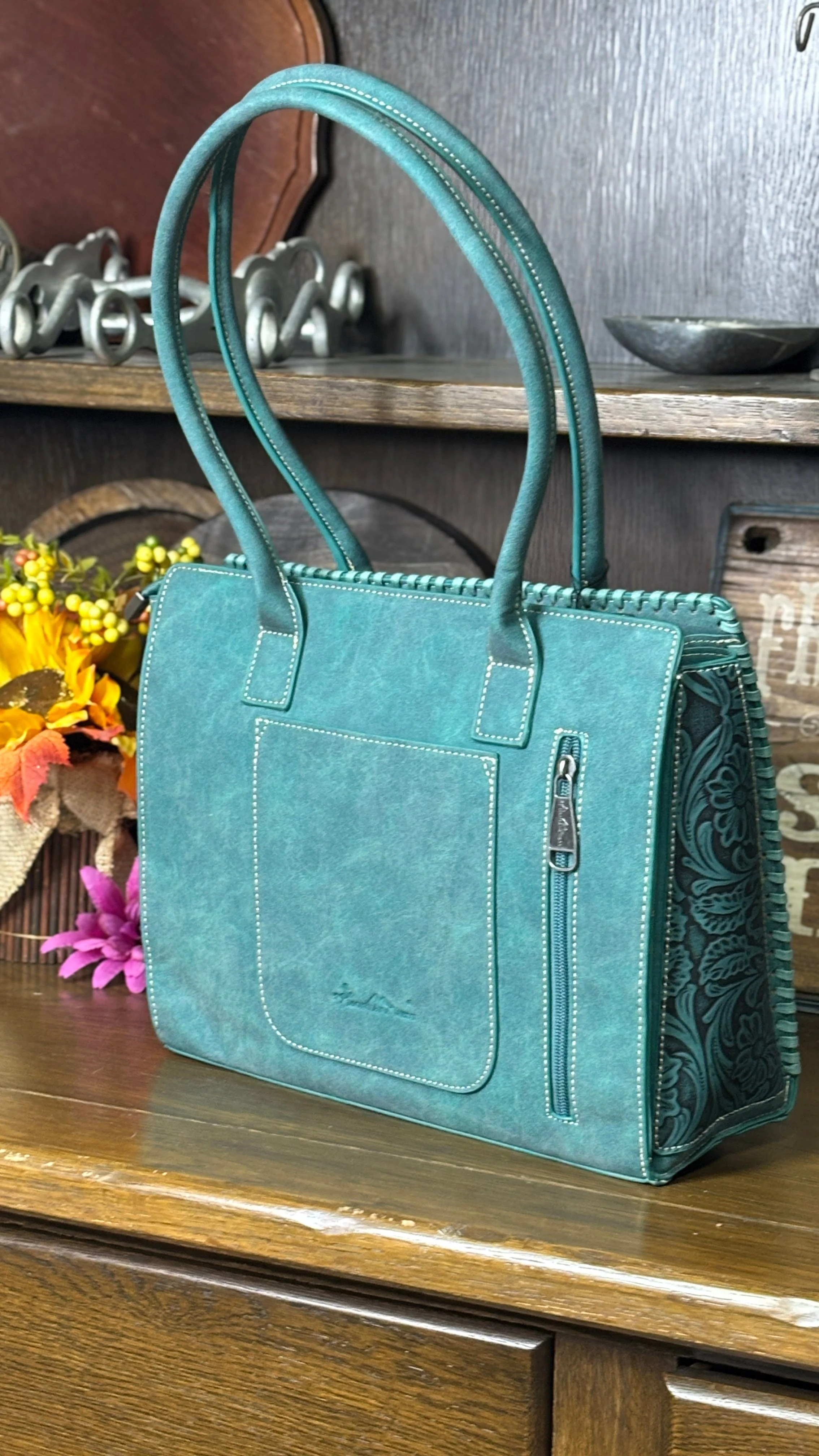 MW Tooled Concealed Carry Tote ~ Turquoise - Image 3