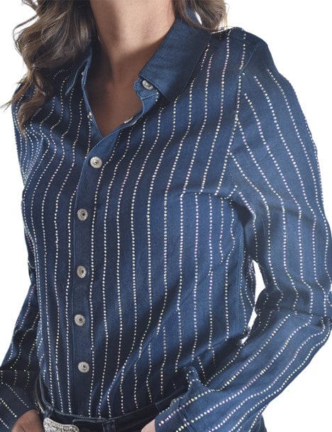 Pullover Button Up by Cowgirl Tuff ~ Denim W/Rows Crystal Embellishing - Image 3