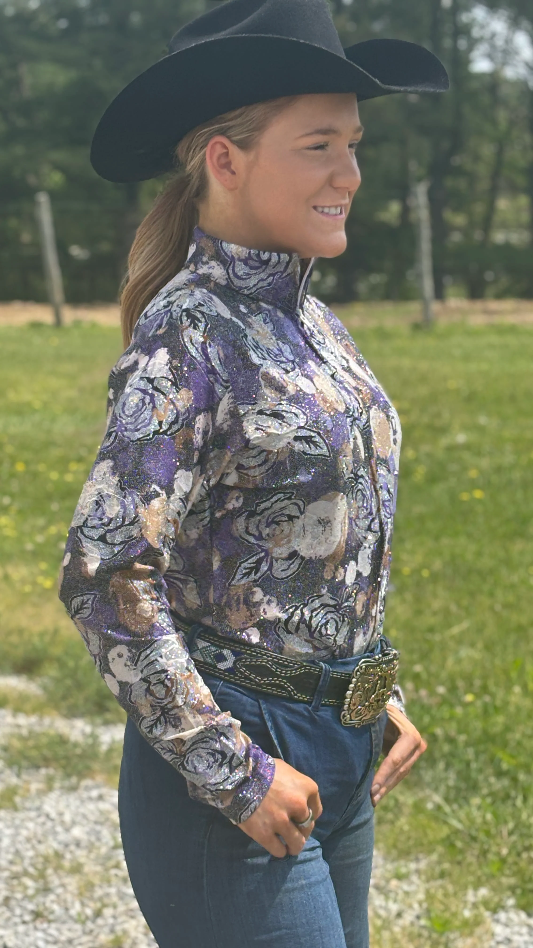 Purple Floral Front Zip Show Shirt - Image 4
