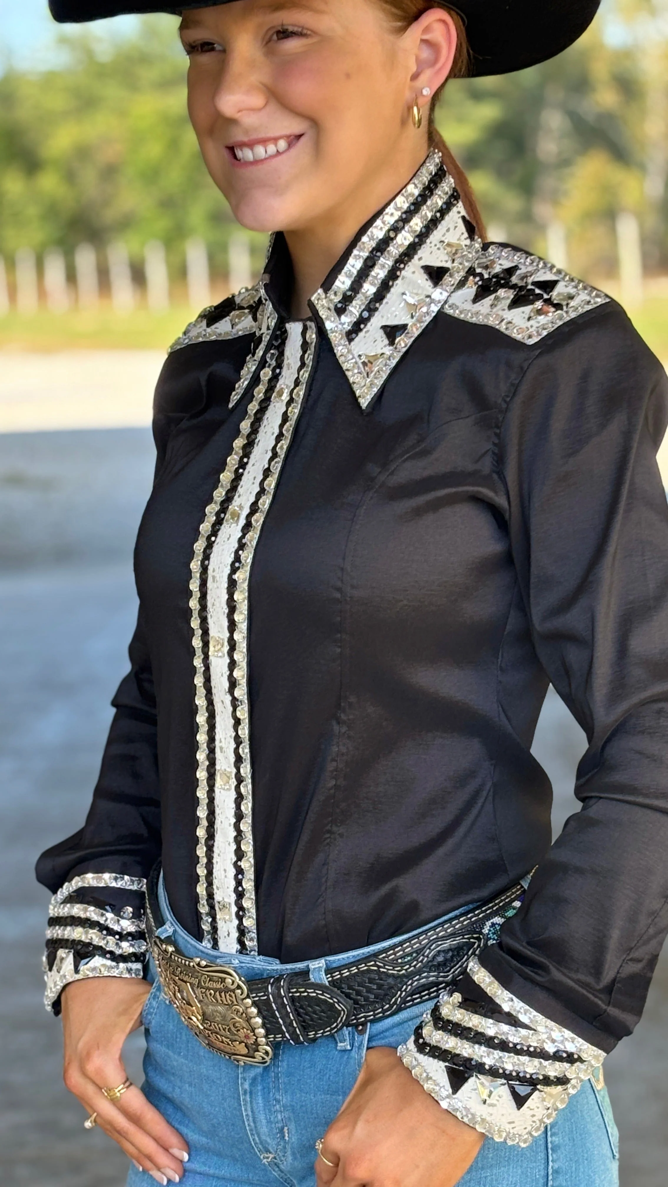 RHC Taffeta Bling Concealed Zipper Show Shirt - Black