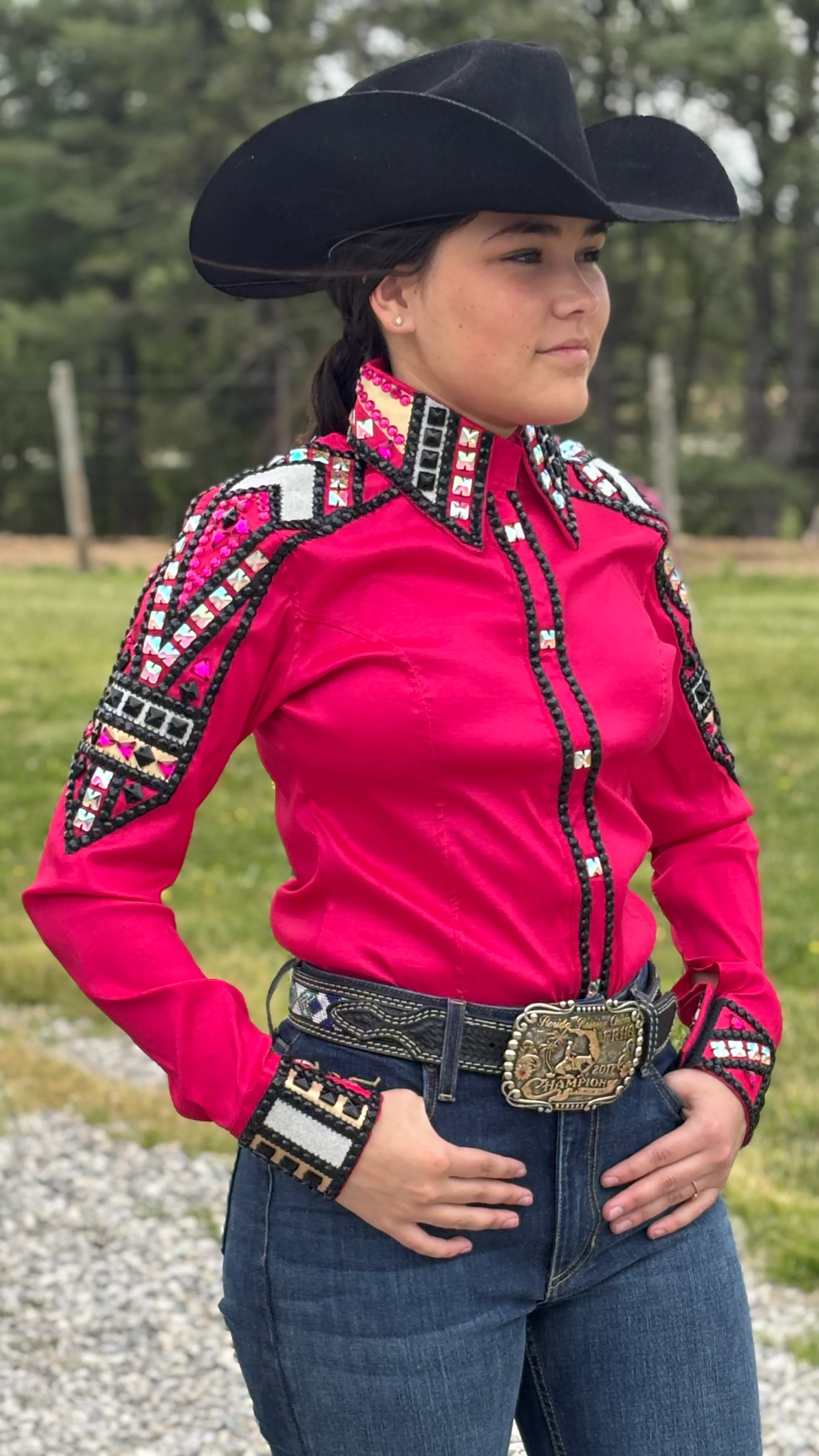 RHC Taffeta Bling Concealed Zipper Show Shirt -Fuchsia