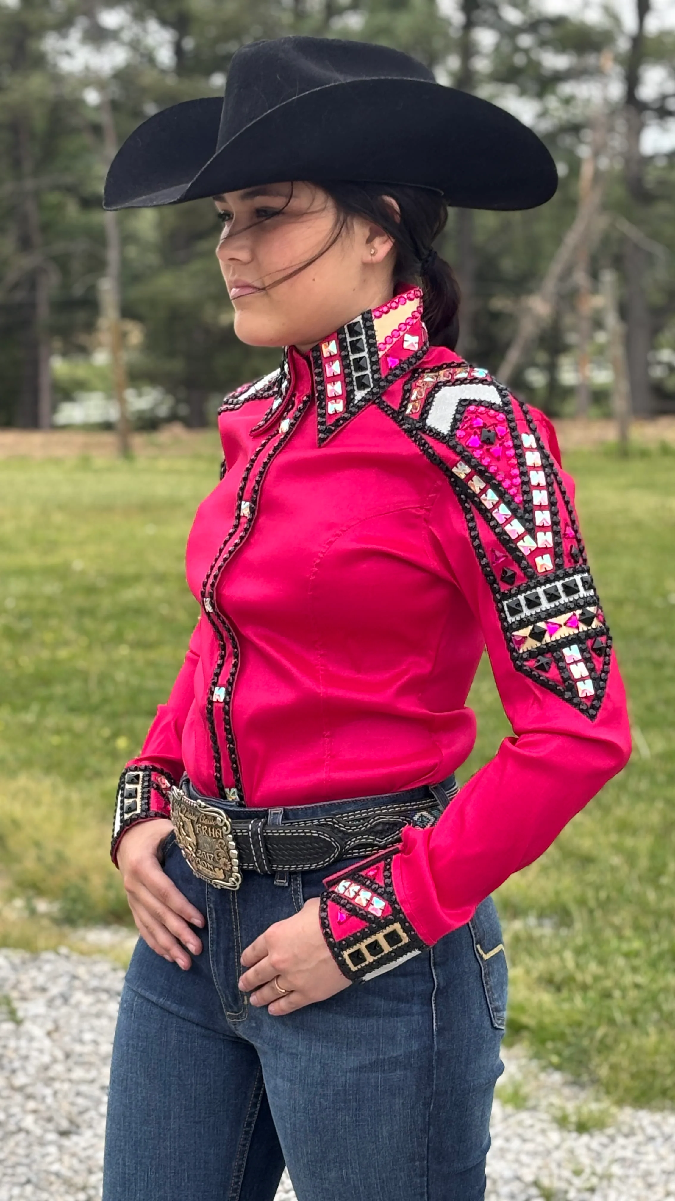 RHC Taffeta Bling Concealed Zipper Show Shirt -Fuchsia - Image 4