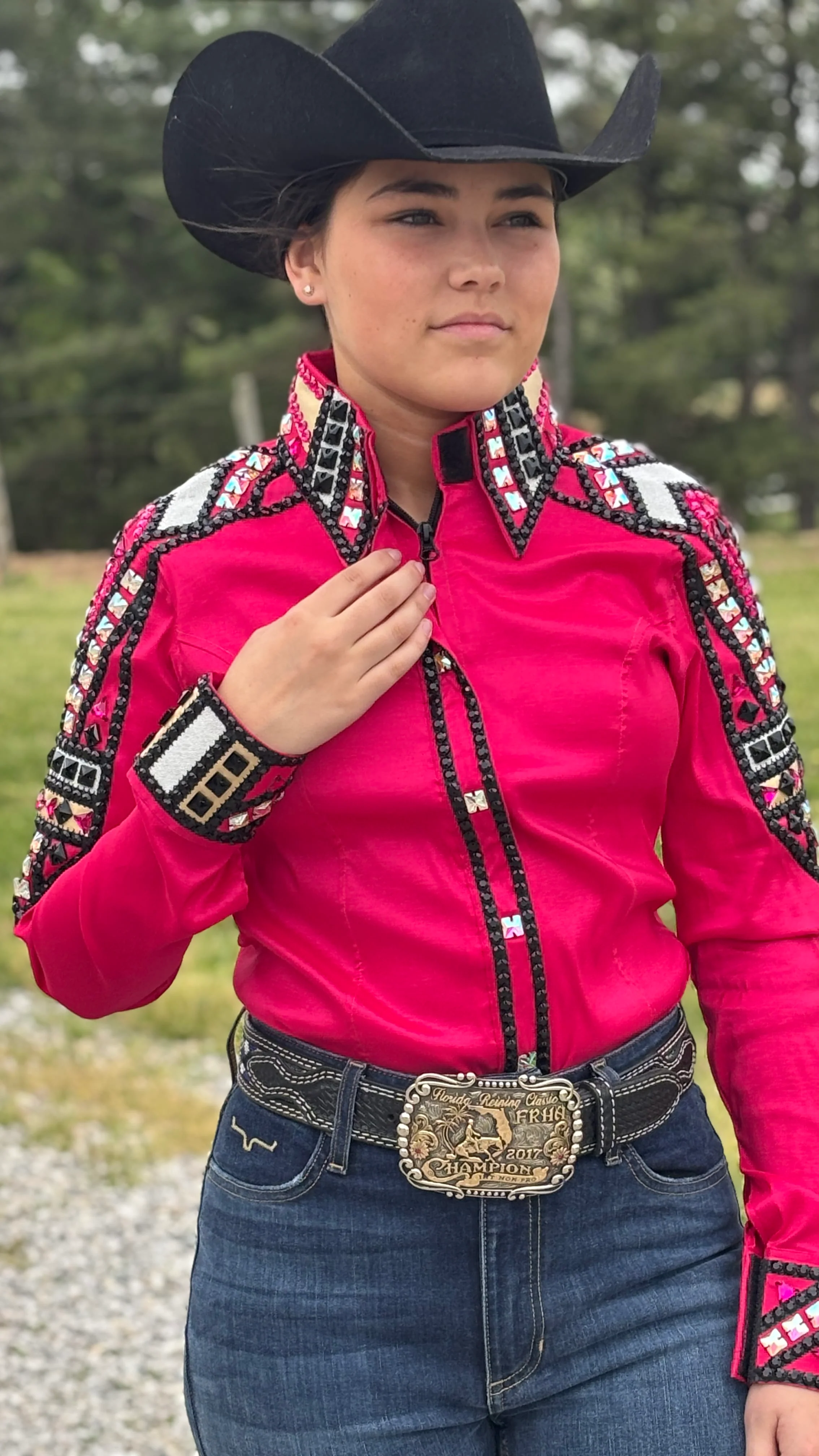 RHC Taffeta Bling Concealed Zipper Show Shirt -Fuchsia - Image 5