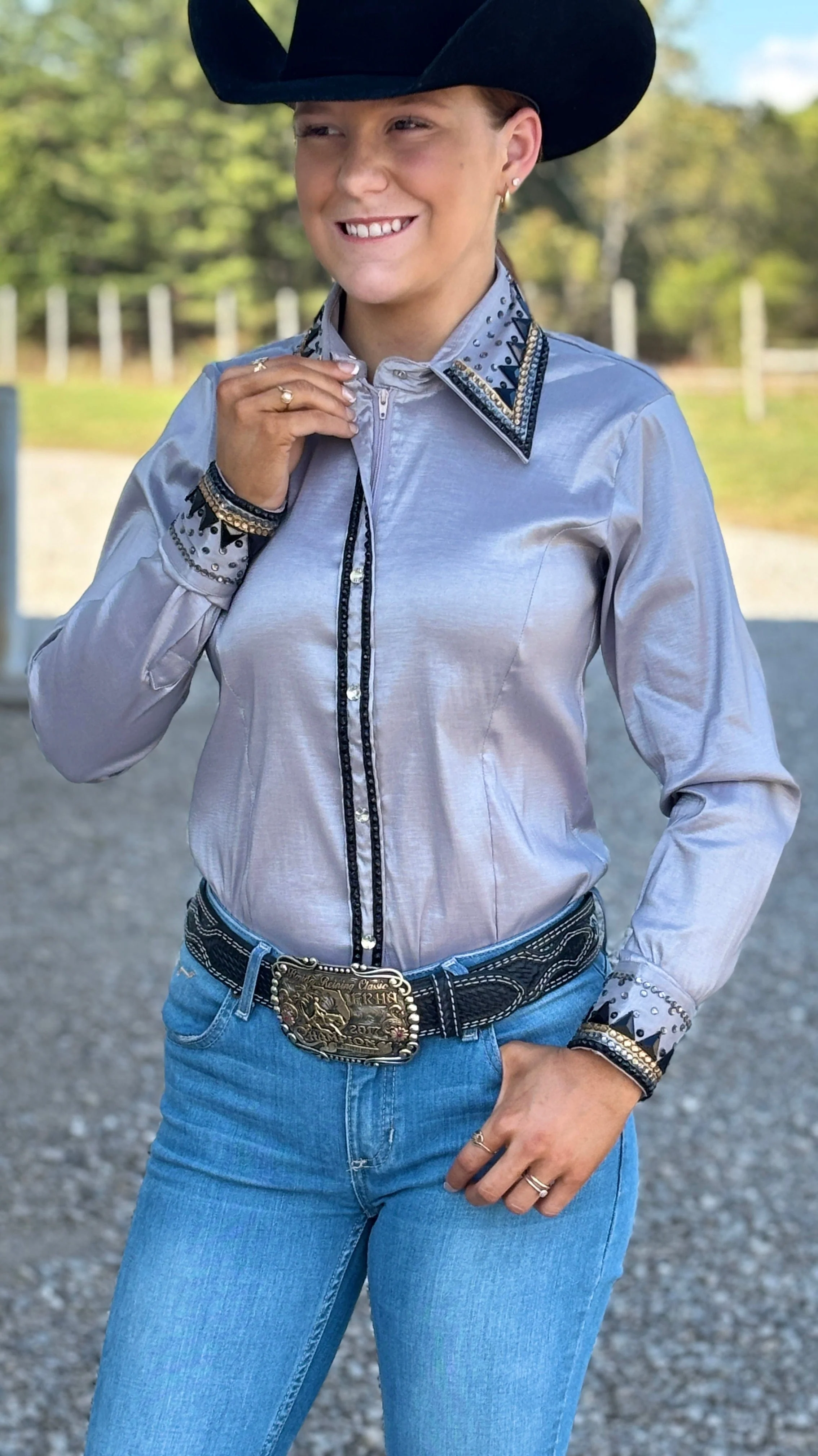 RHC Taffeta Bling Concealed Zipper Show Shirt - Silver - Image 2