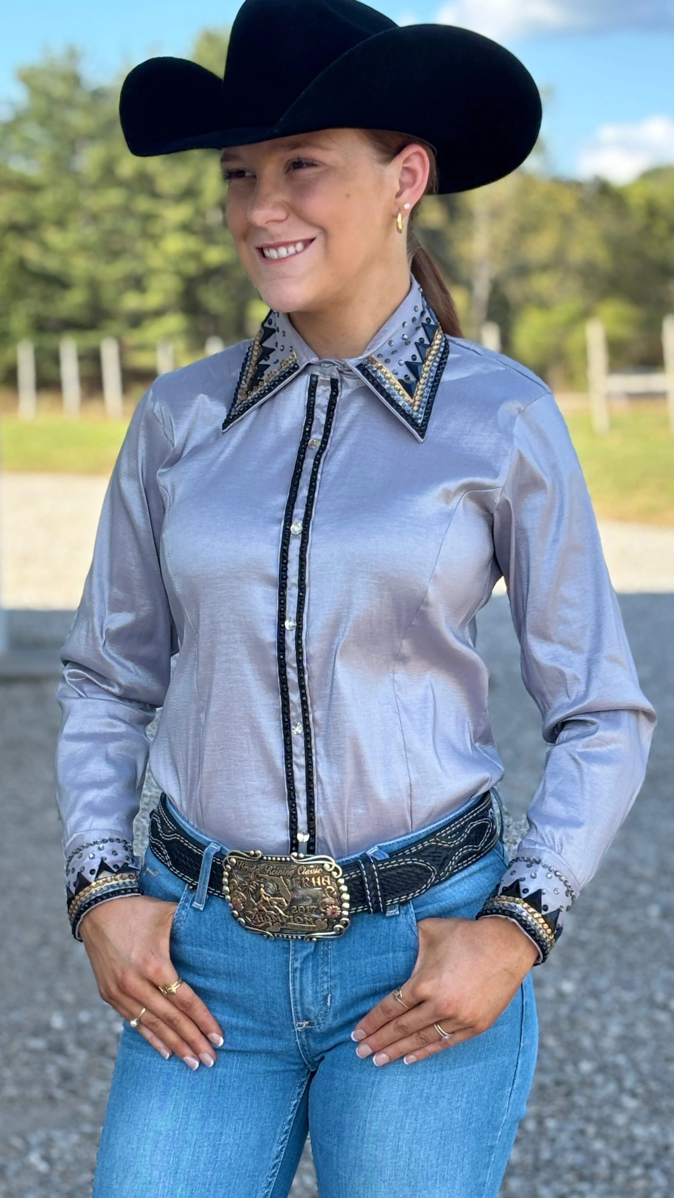 RHC Taffeta Bling Concealed Zipper Show Shirt - Silver - Image 4