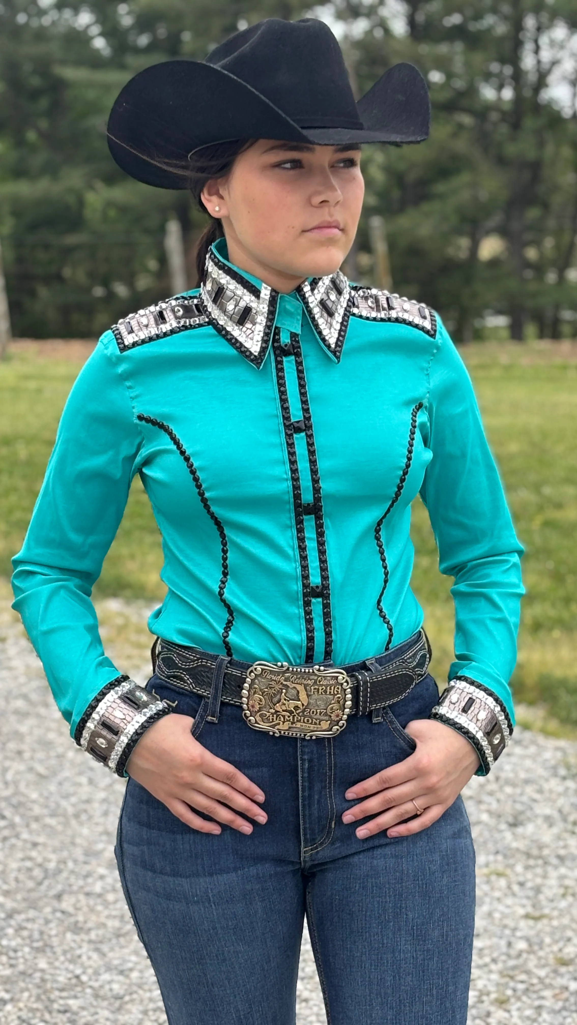 RHC Taffeta Bling Concealed Zipper Show Shirt -Teal Temptation