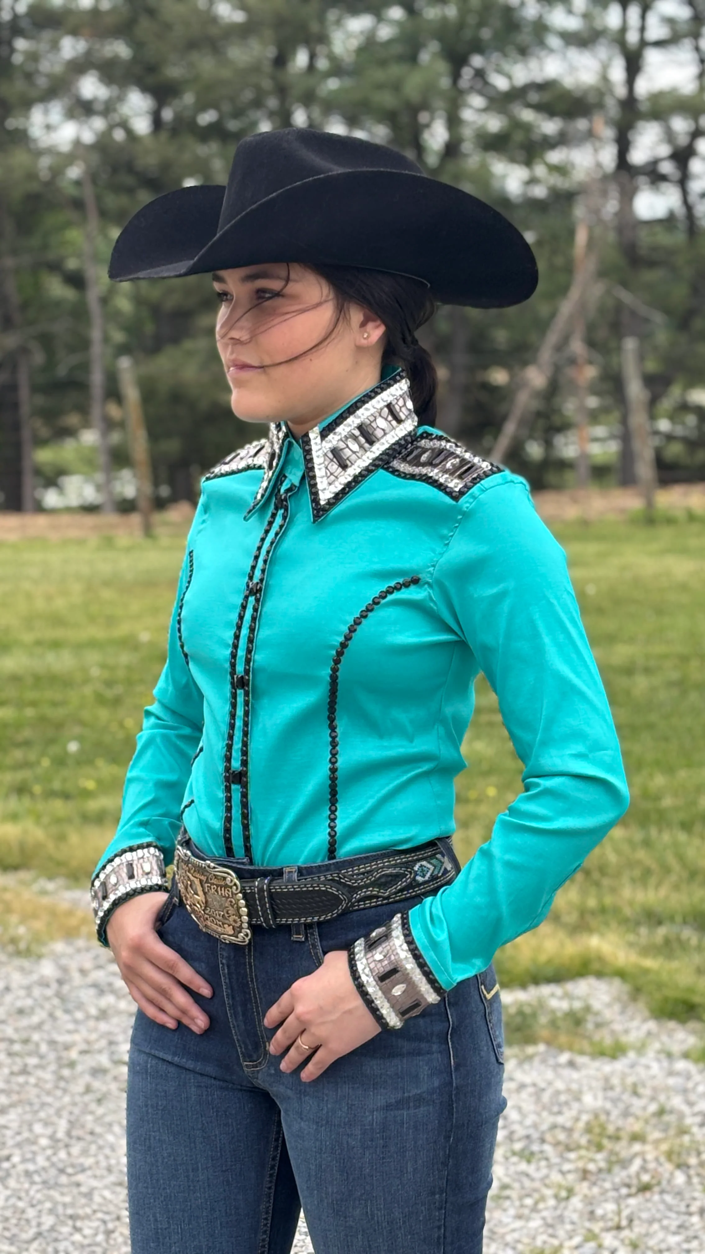 RHC Taffeta Bling Concealed Zipper Show Shirt -Teal Temptation - Image 4