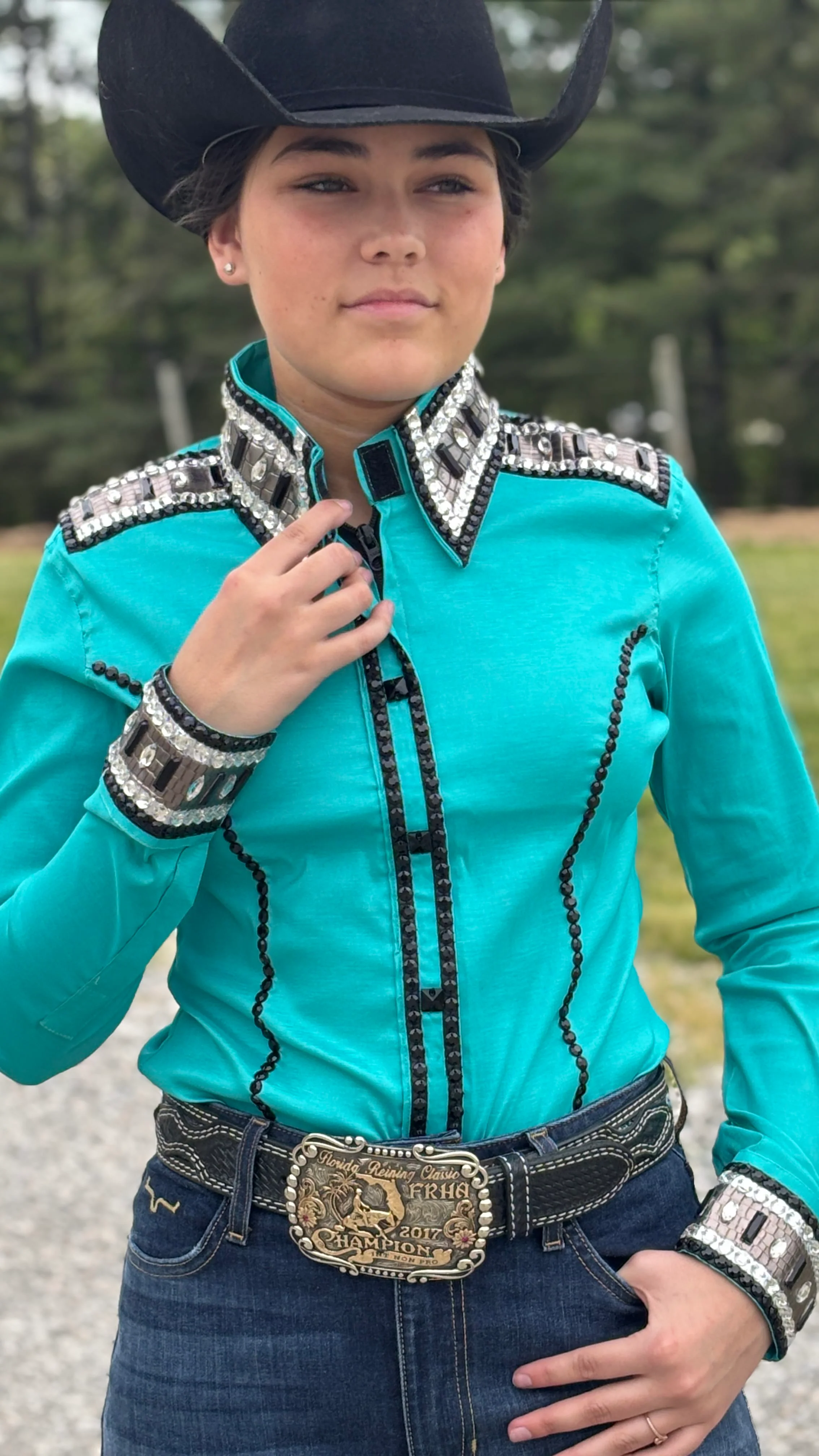 RHC Taffeta Bling Concealed Zipper Show Shirt -Teal Temptation - Image 5