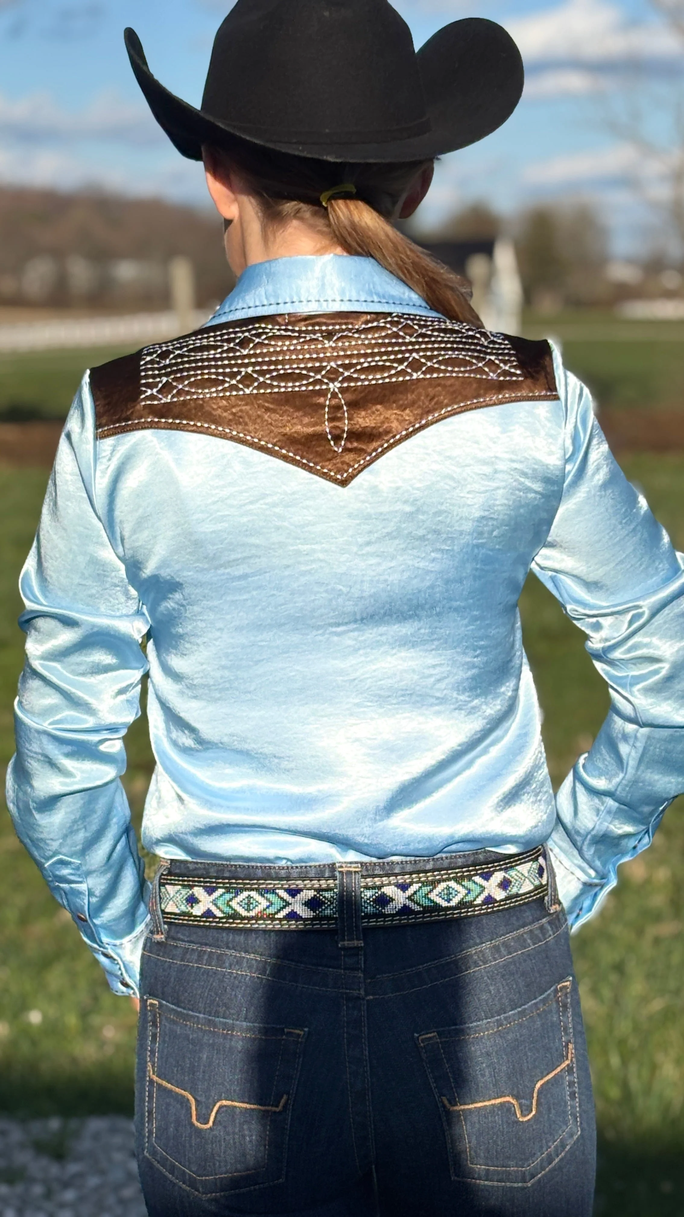 Satin Pullover Button Up by Cowgirl Tuff ~ Brown & Sky Blue W/Embroidered Bootstitch - Image 5