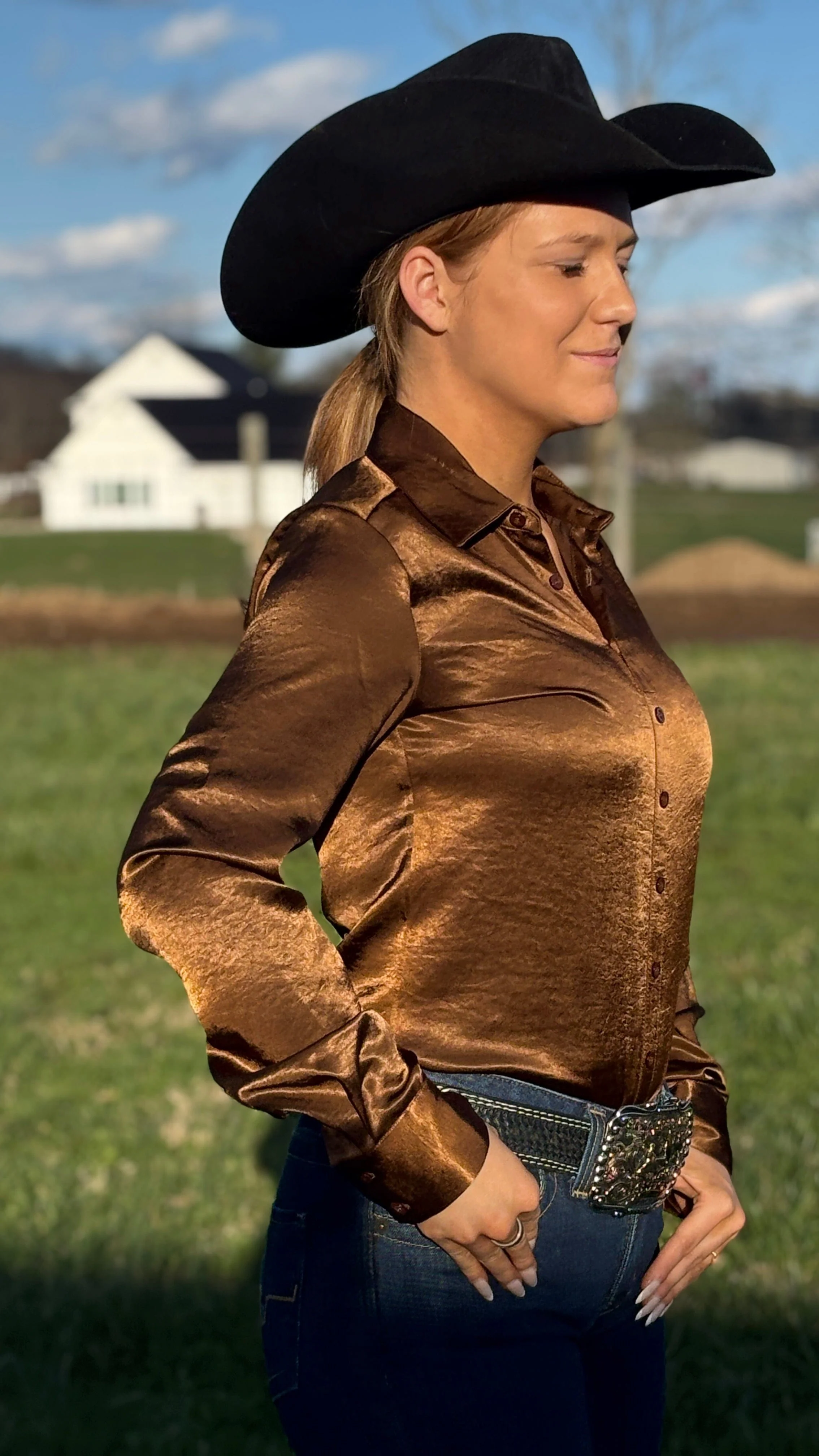Satin Pullover Button Up by Cowgirl Tuff ~ Chocolate - Image 5
