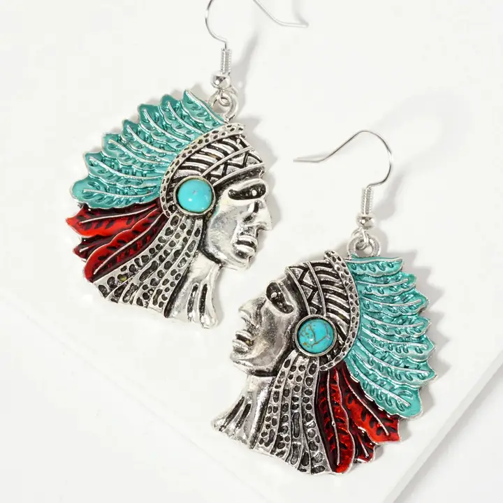 Spiritual-Theme Native-American Indian-Chief Head Drop Tribal Earrings