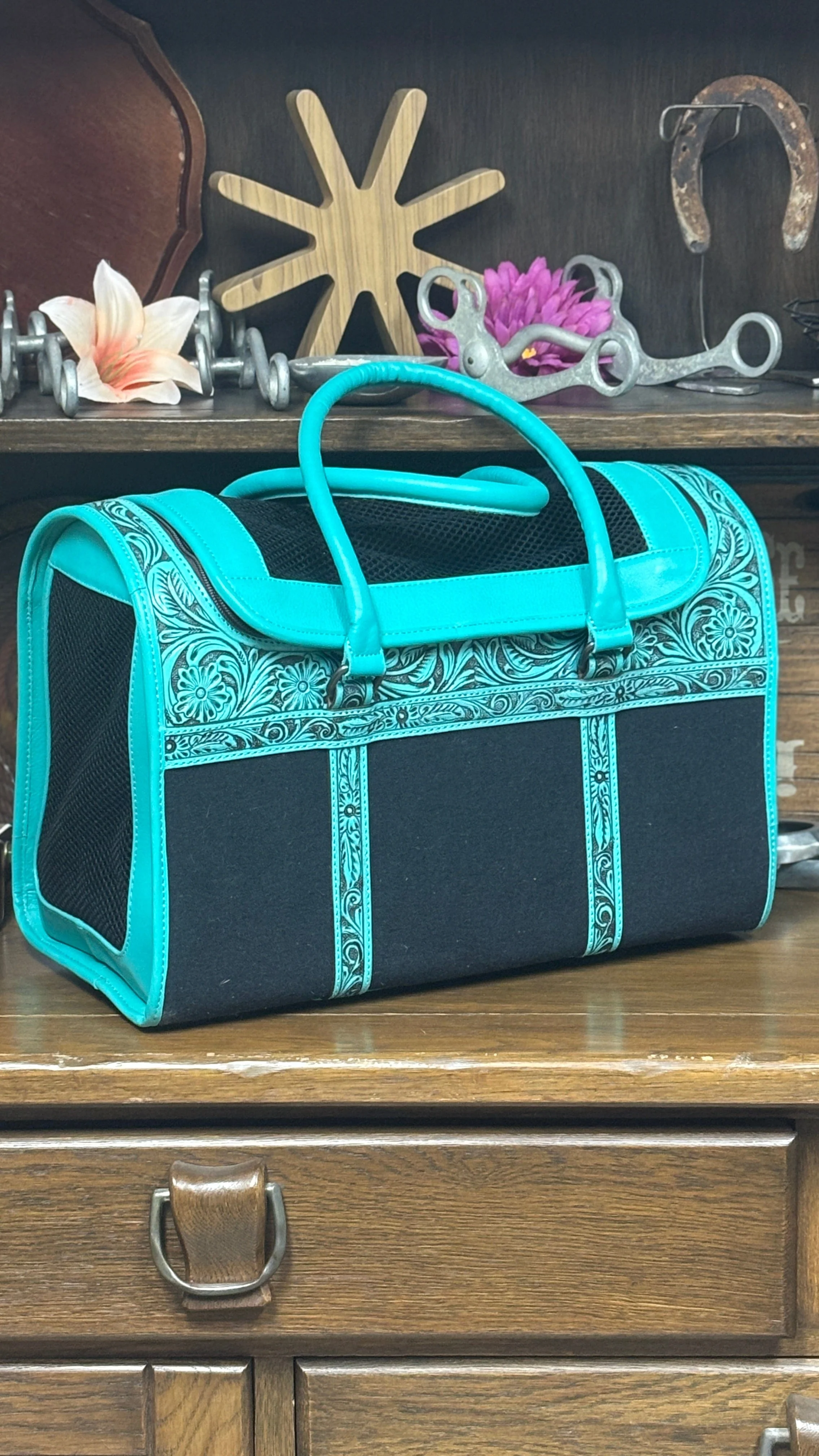 Tooled Leather Pet Carrier ~ Turquoise