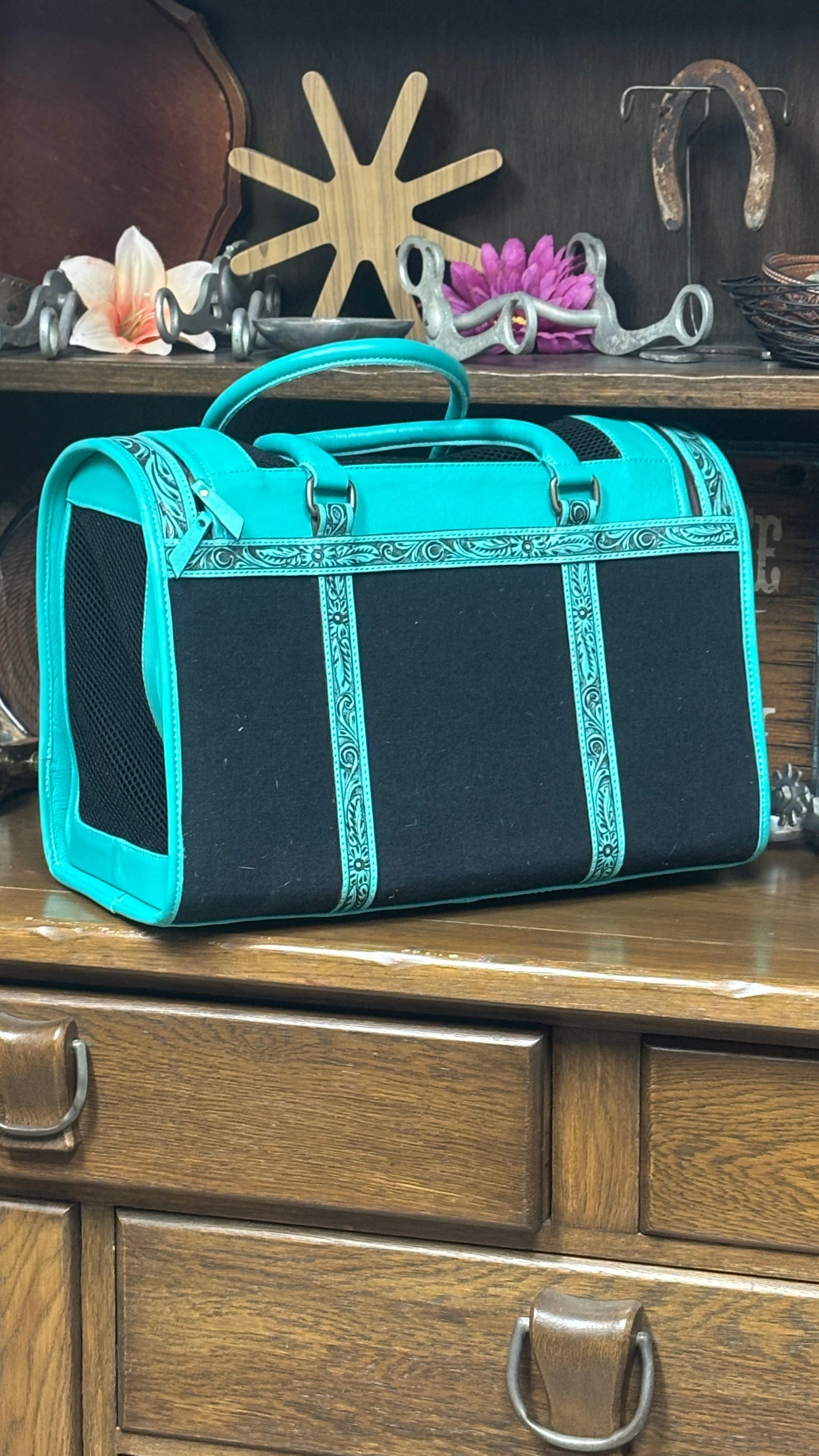 Tooled Leather Pet Carrier ~ Turquoise - Image 2