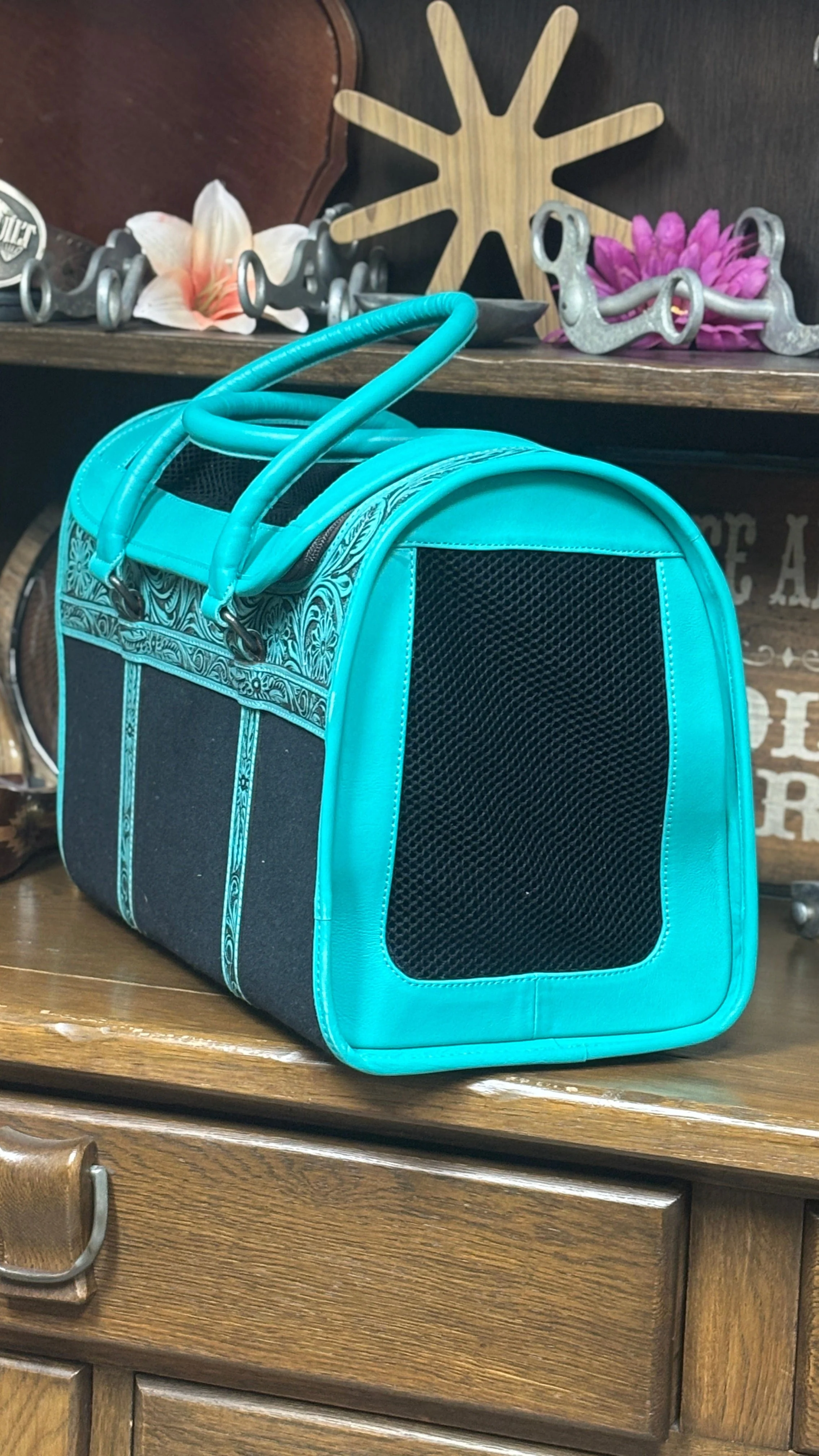 Tooled Leather Pet Carrier ~ Turquoise - Image 3