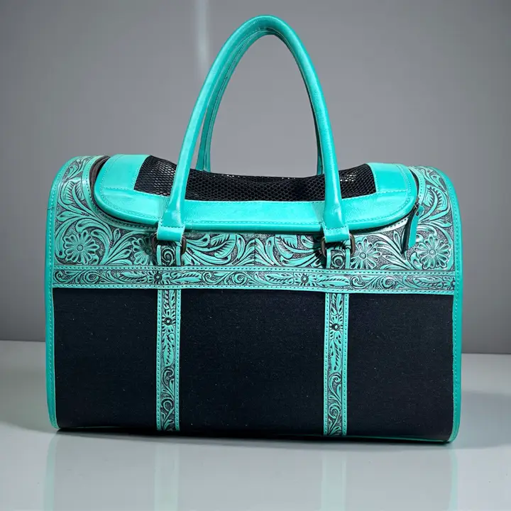 Tooled Leather Pet Carrier ~ Turquoise - Image 4