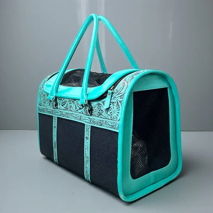 Tooled Leather Pet Carrier ~ Turquoise - Image 5