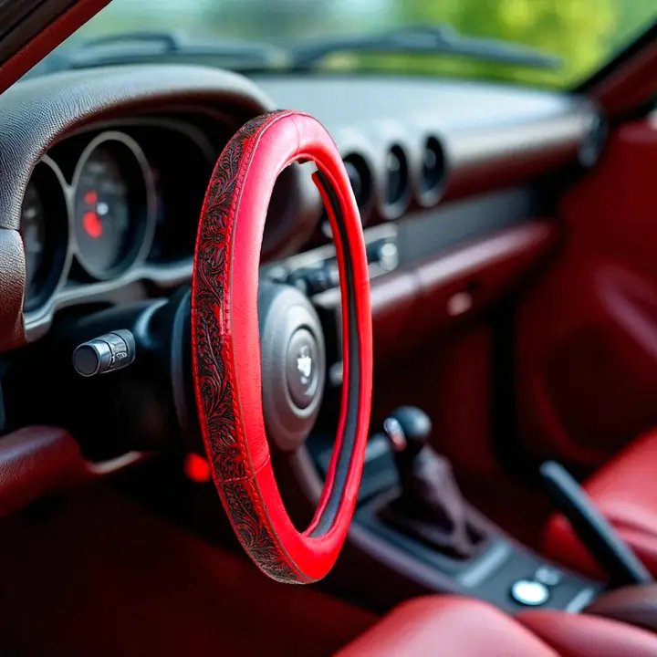 Tooled Leather Steering Wheel Cover ~ Red