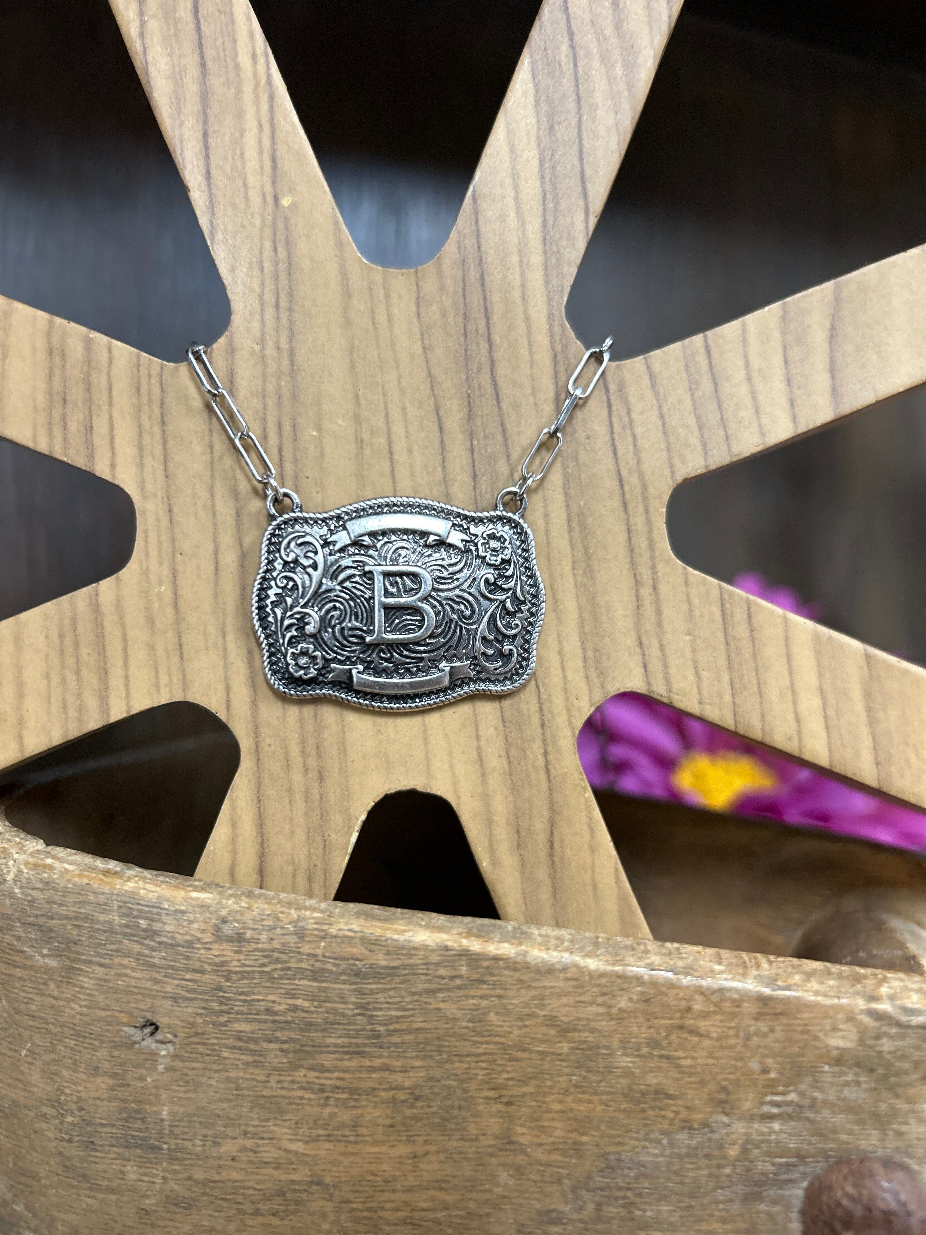 Western Buckle Initial Necklace ~ B