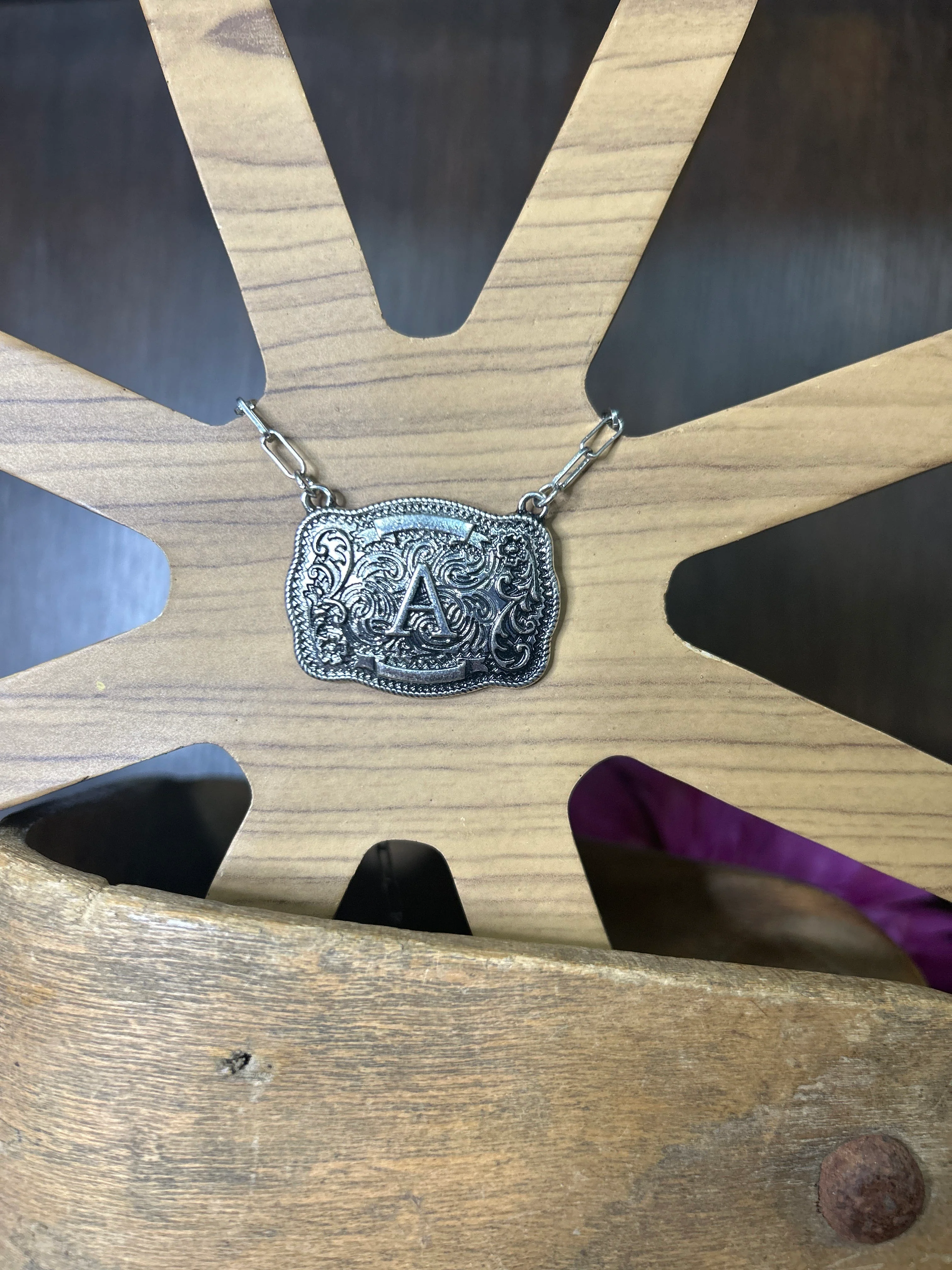 Western Buckle Initial Necklace ~ A