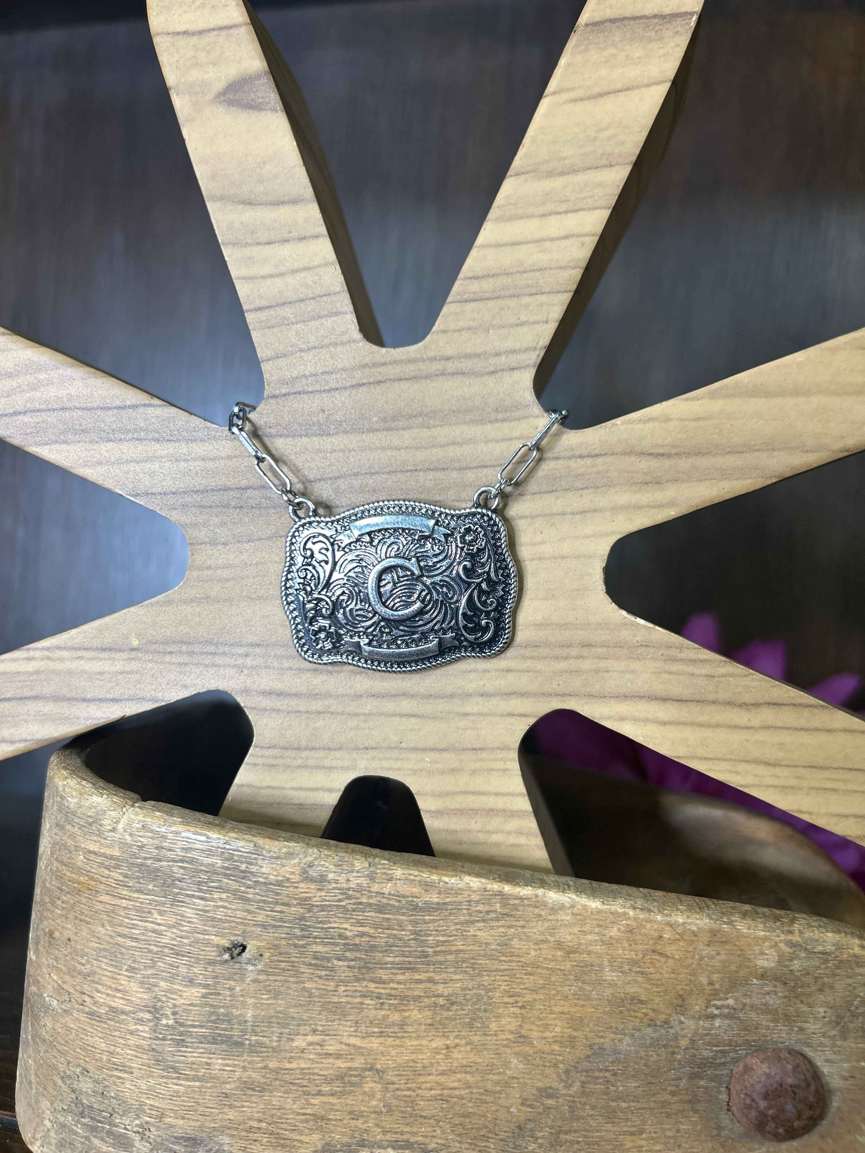 Western Buckle Initial Necklace ~ C