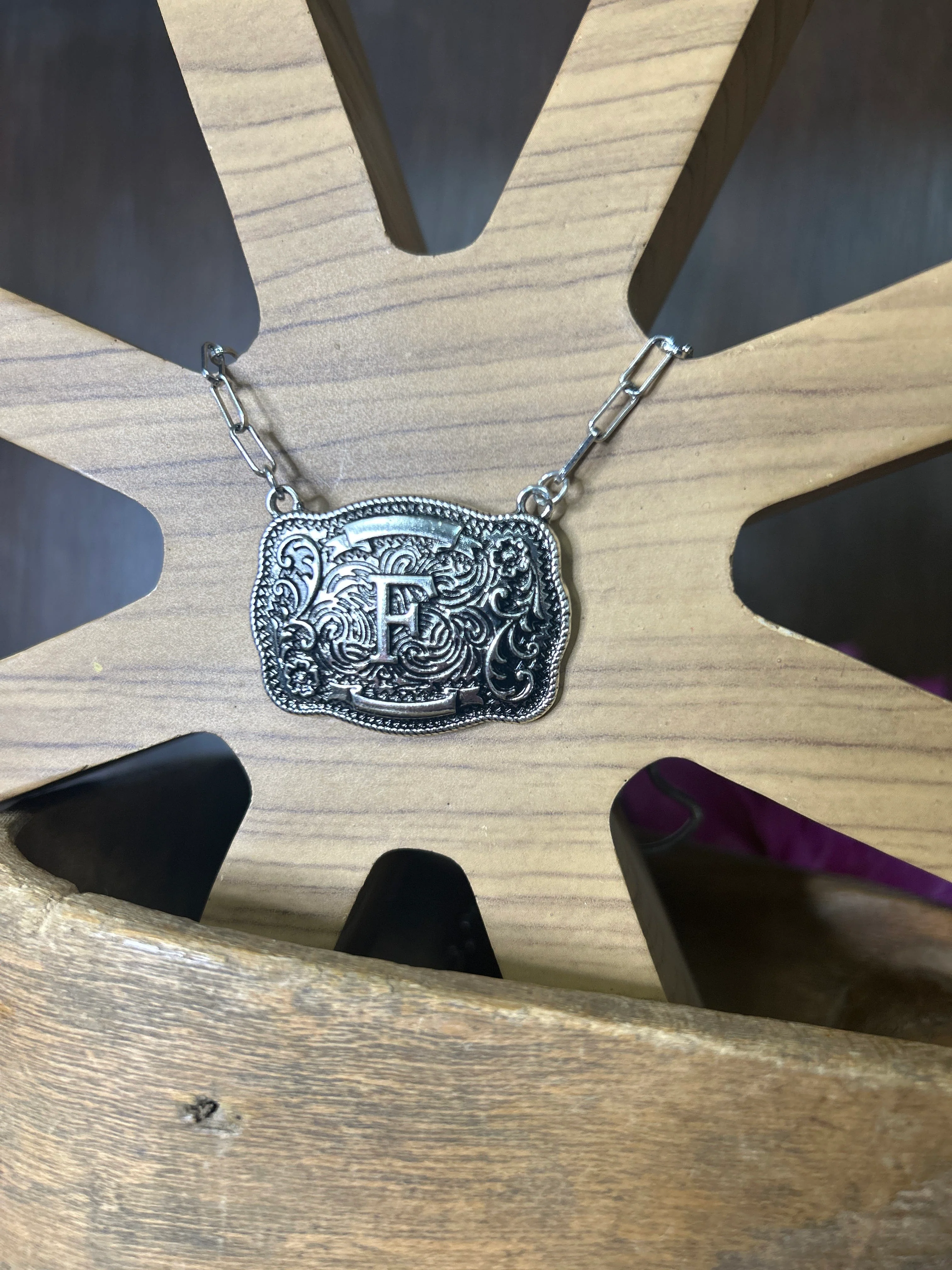 Western Buckle Initial Necklace ~ F