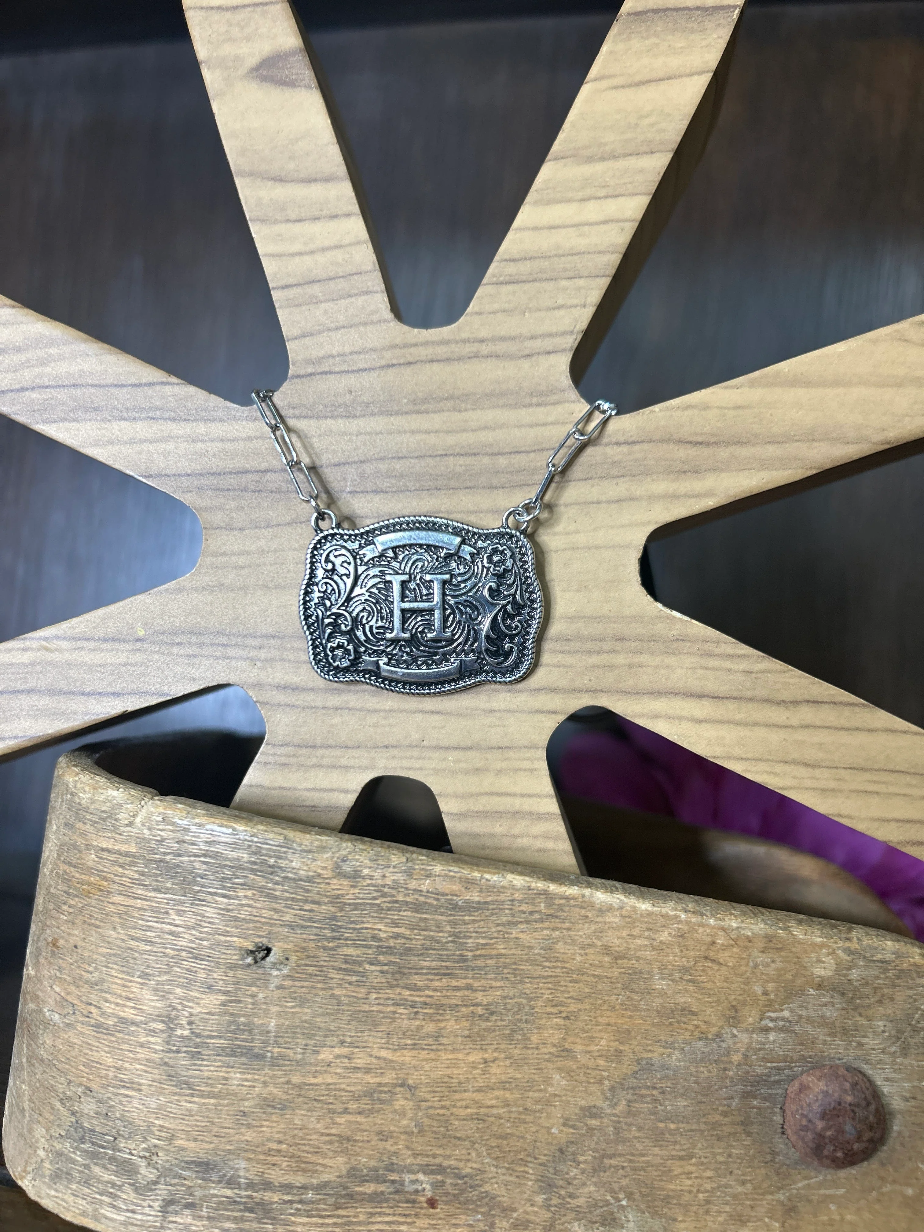 Western Buckle Initial Necklace ~ H