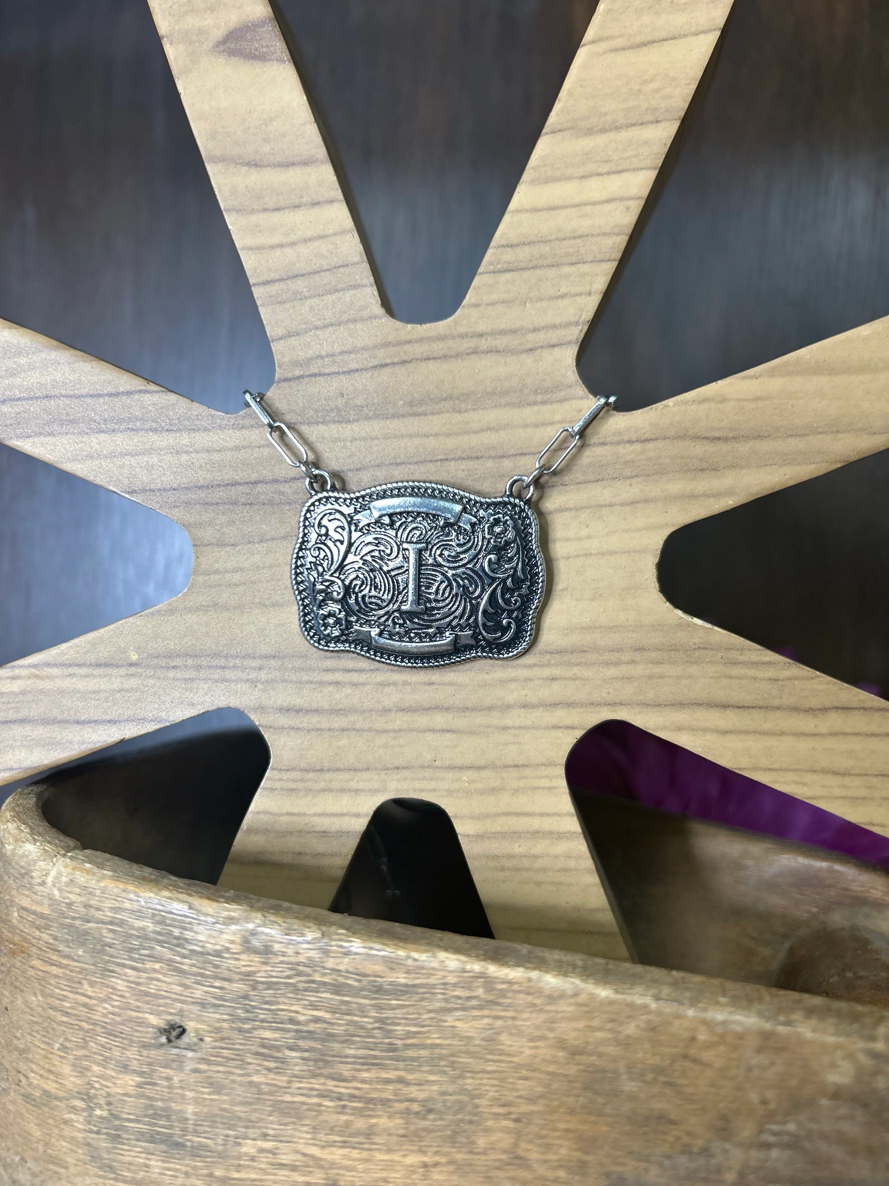 Western Buckle Initial Necklace ~ I