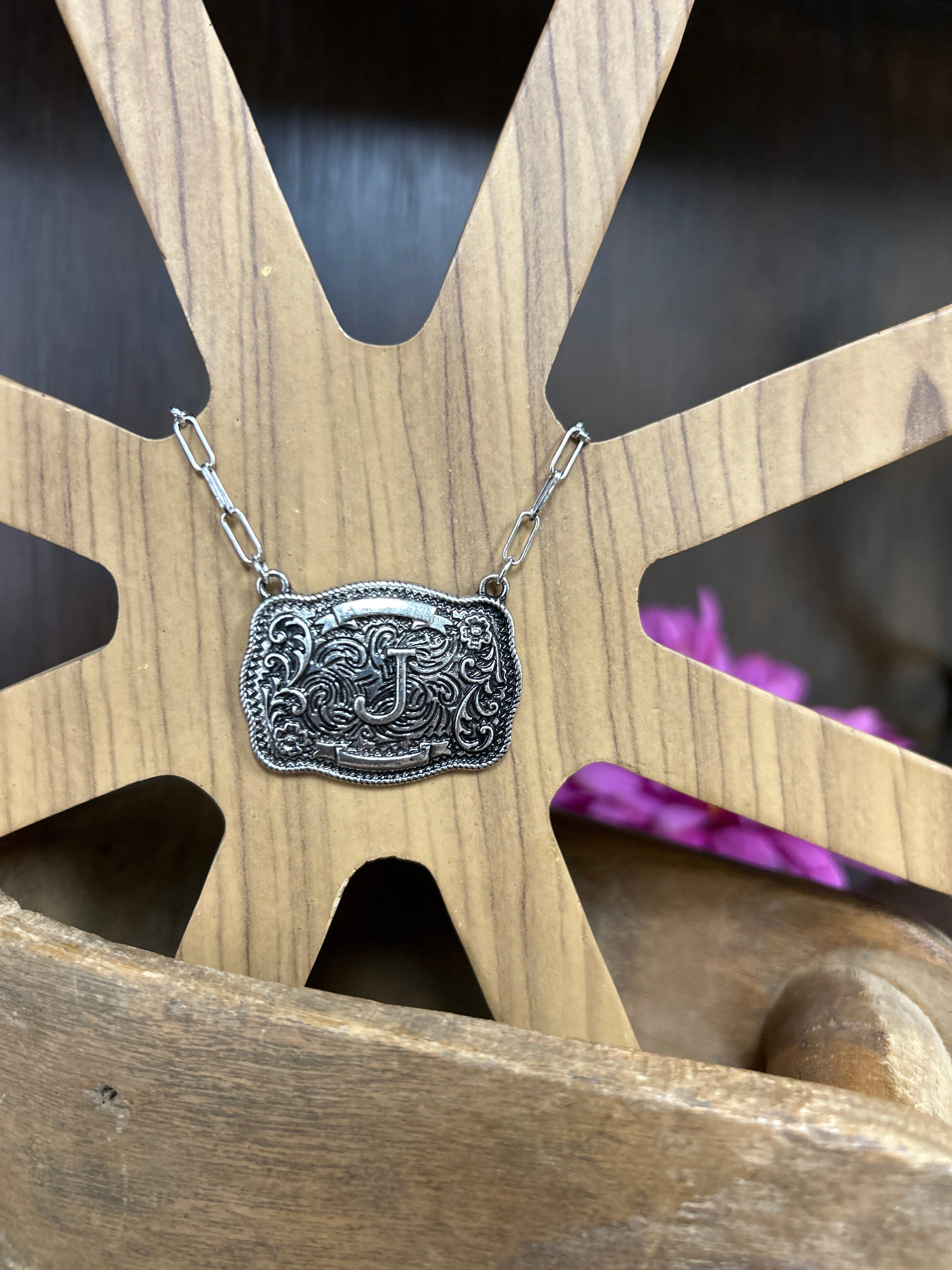 Western Buckle Initial Necklace ~ J