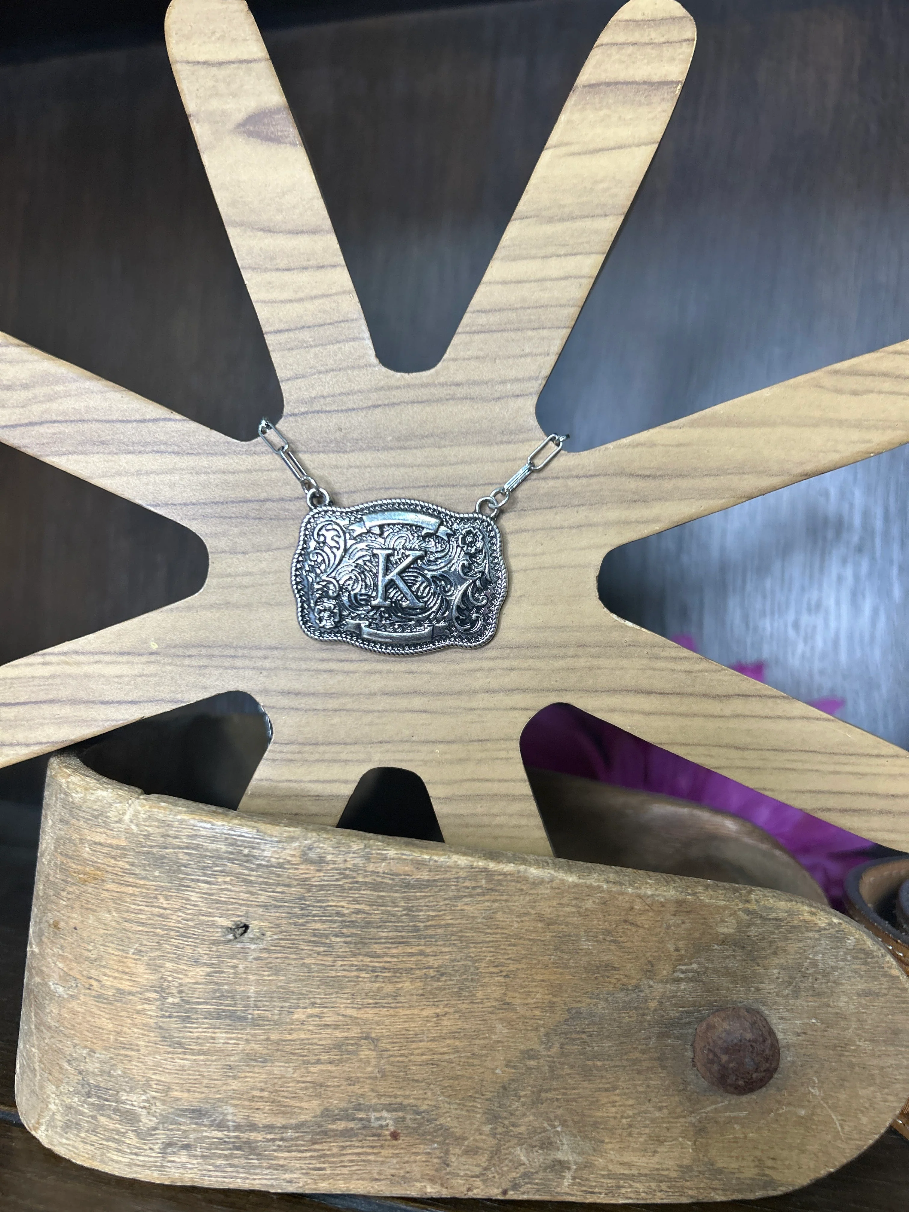 Western Buckle Initial Necklace ~ K