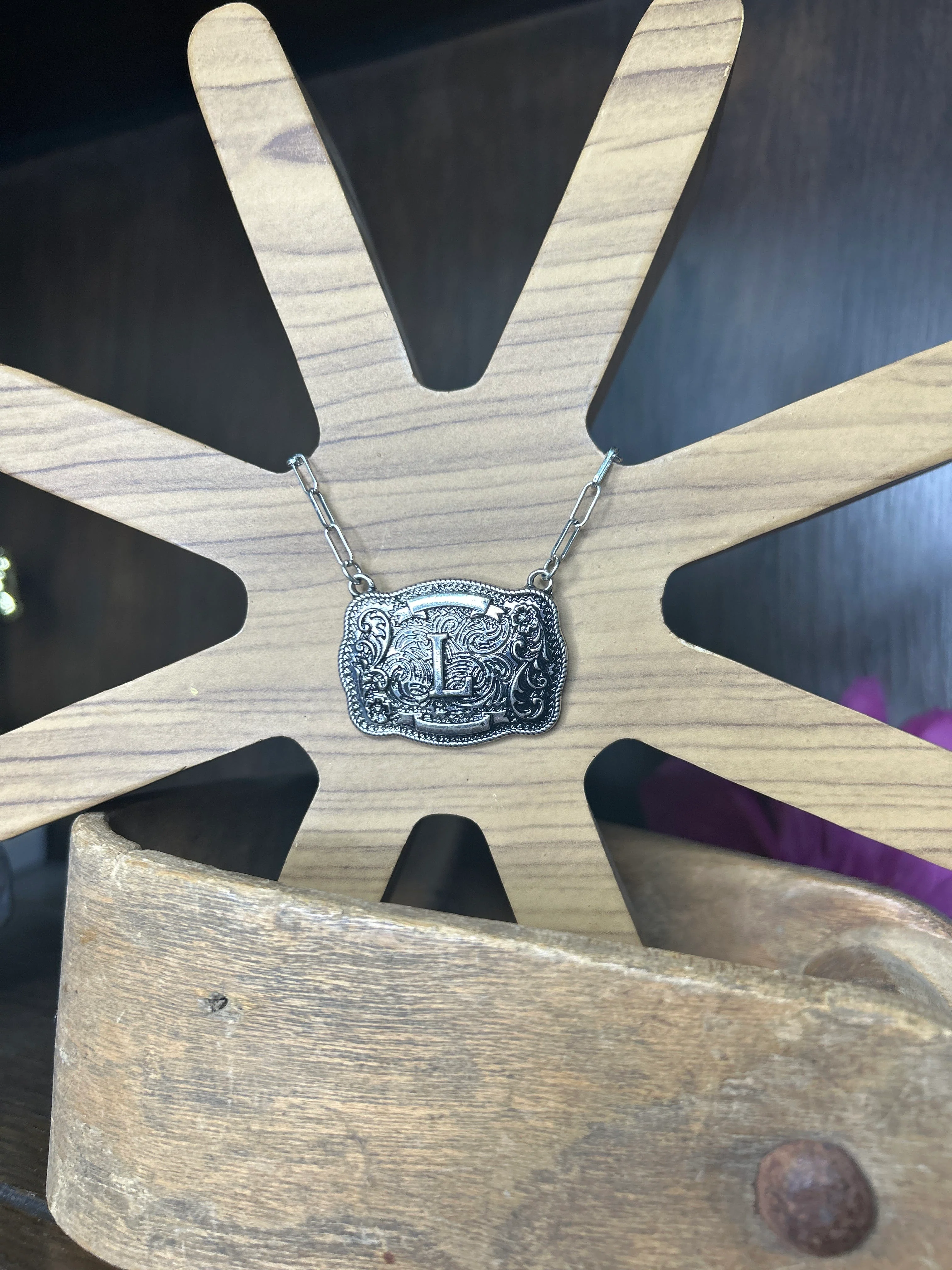Western Buckle Initial Necklace ~ L