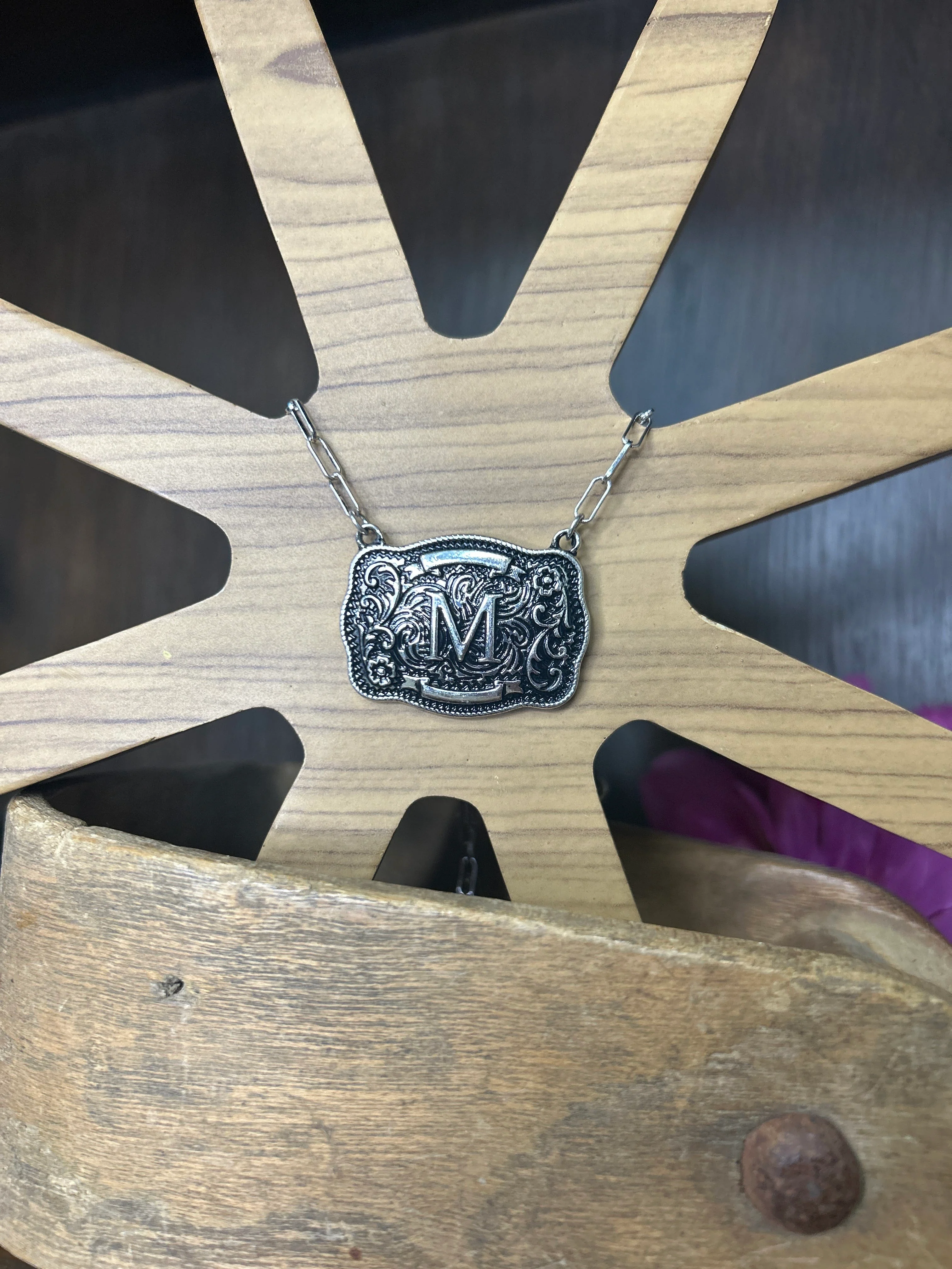 Western Buckle Initial Necklace ~ M