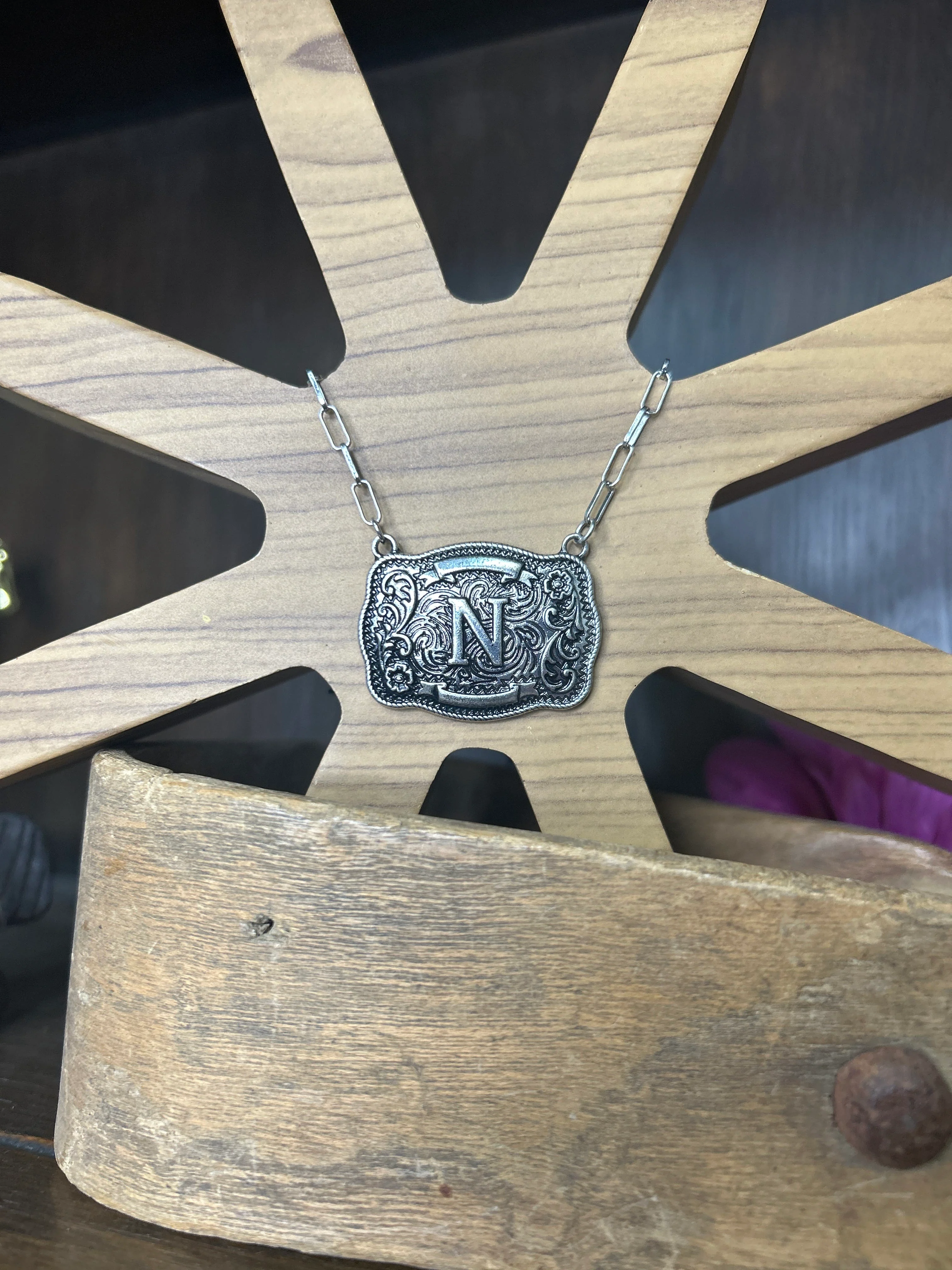 Western Buckle Initial Necklace ~ N
