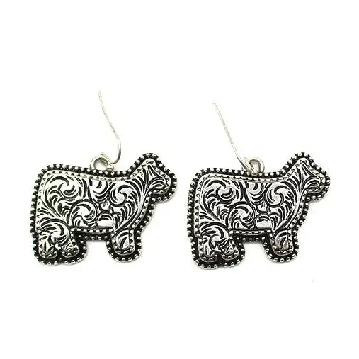 Western Etched Cow Earring