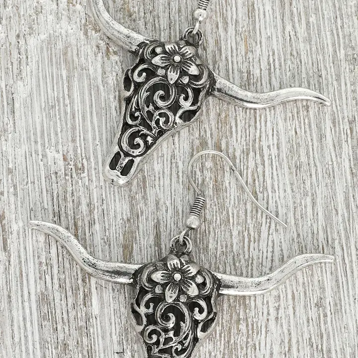Western Filigree Patterned Steer Head Earrings