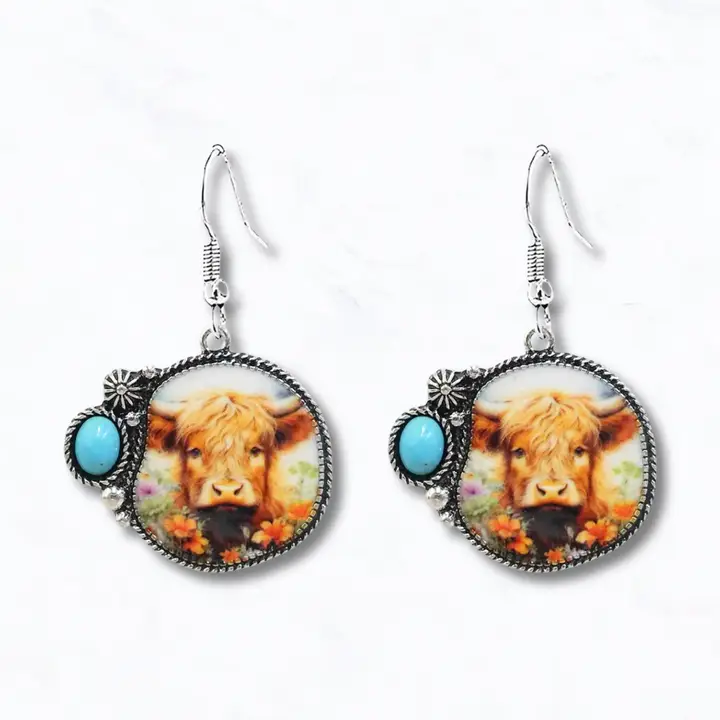 Western Highland Cow Floral Drop Earrings