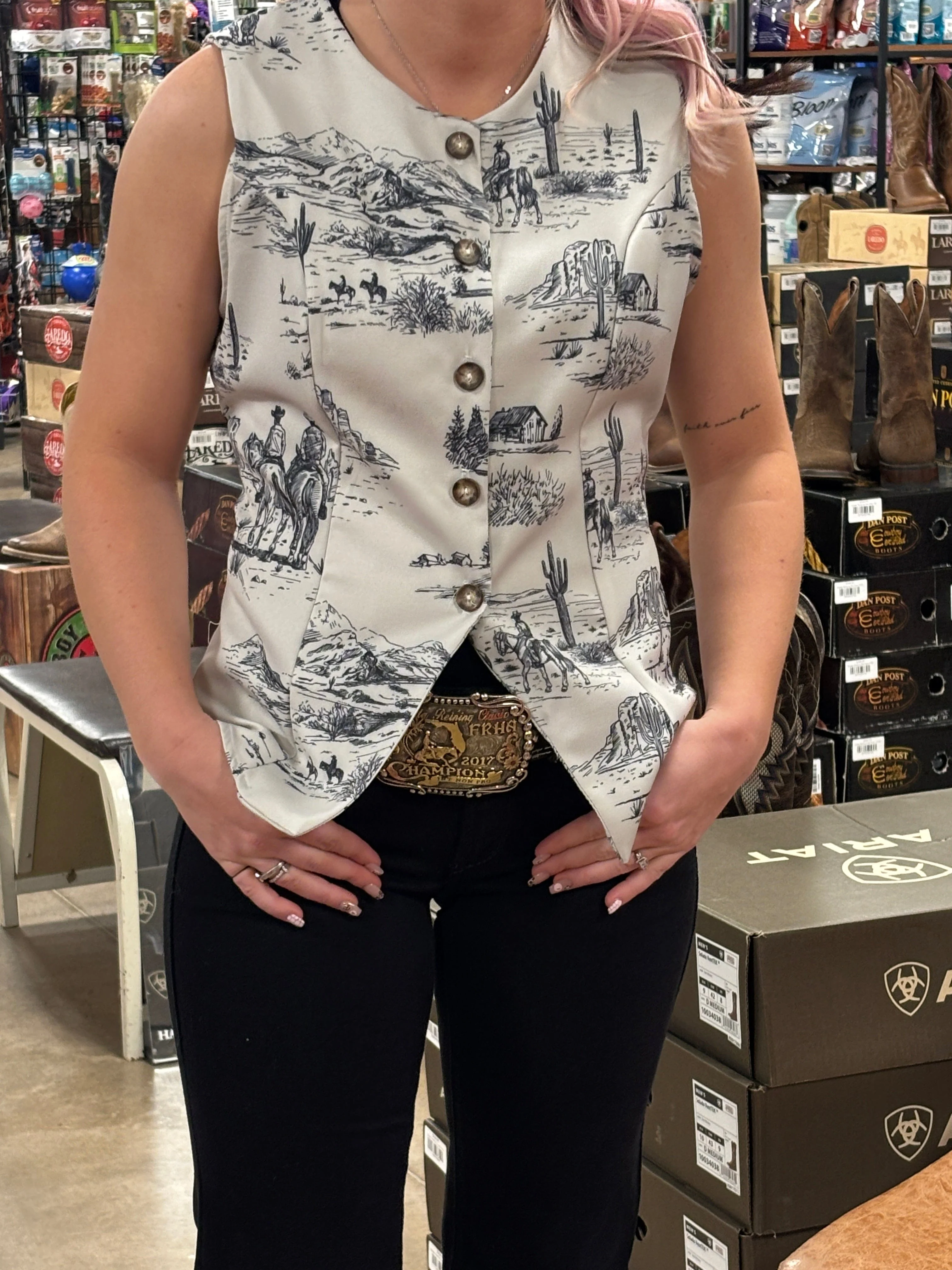 Western Life Print Button Down Woven Vest