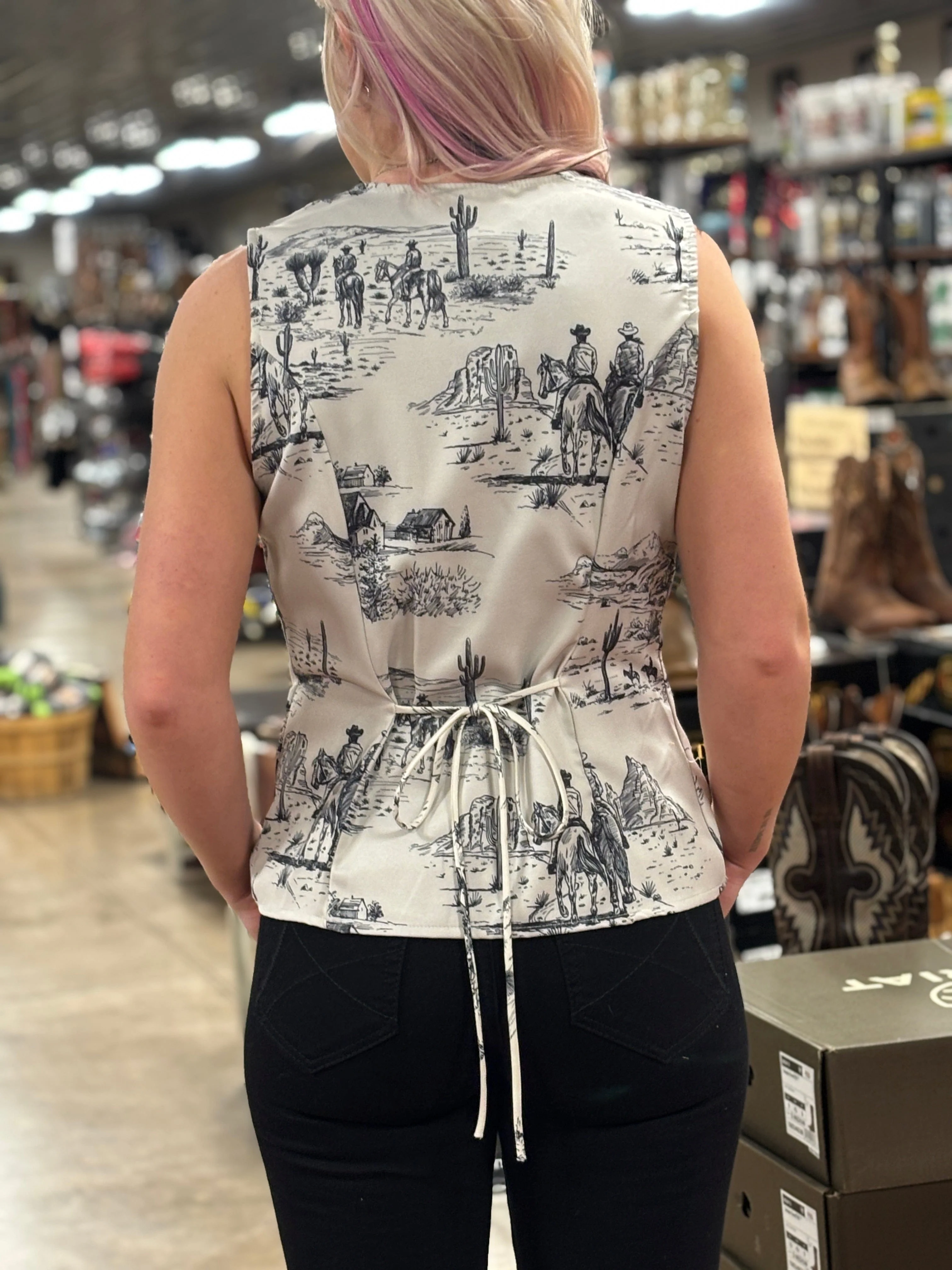 Western Life Print Button Down Woven Vest - Image 2